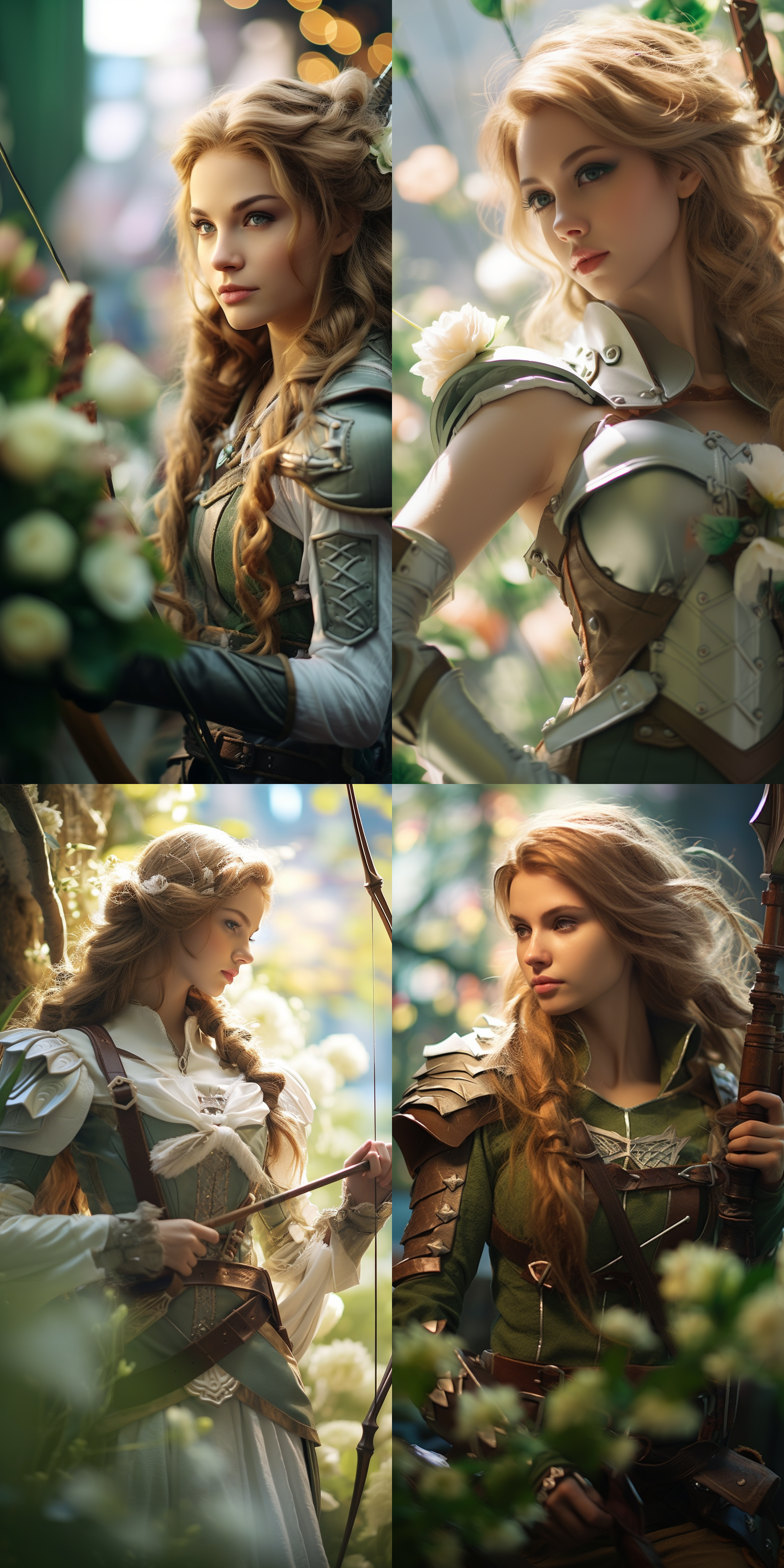 双马尾女射手，甜美微笑，轻绿皮甲，精致弓箭，花丛中，广角镜头，自然光，动态姿势，瞄准目标，柔和色彩，宁静氛围。