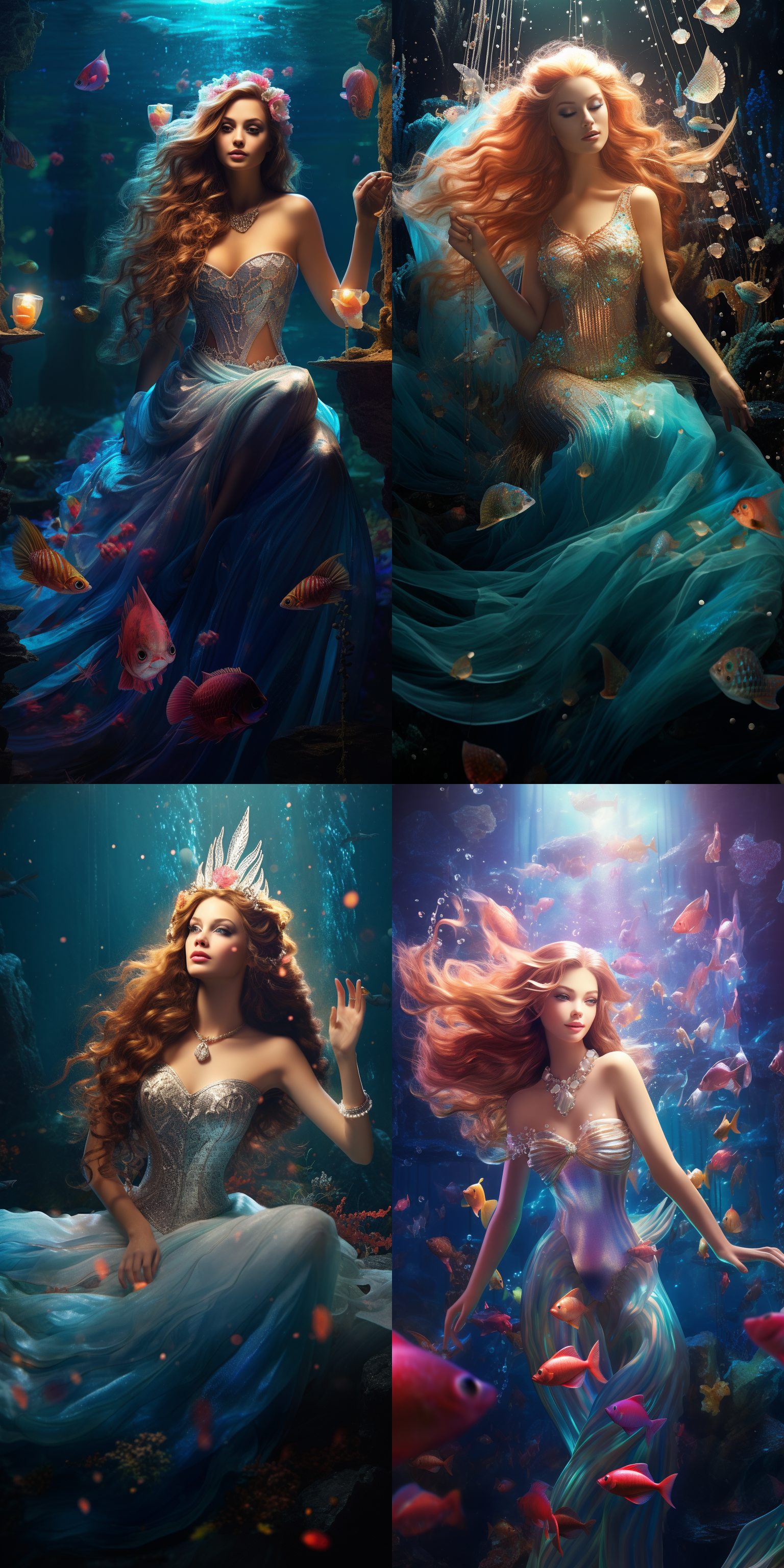美丽的美人鱼公主，长发蓝光闪烁，鳞片闪耀，彩虹色尾巴，珊瑚宝座，海底世界，奇异海洋生物环绕，手持发光珍珠，神秘光芒。对角线构图，高光比，海底环境，广角镜头，柔和侧光，神秘氛围，多彩色调，宁静表情。