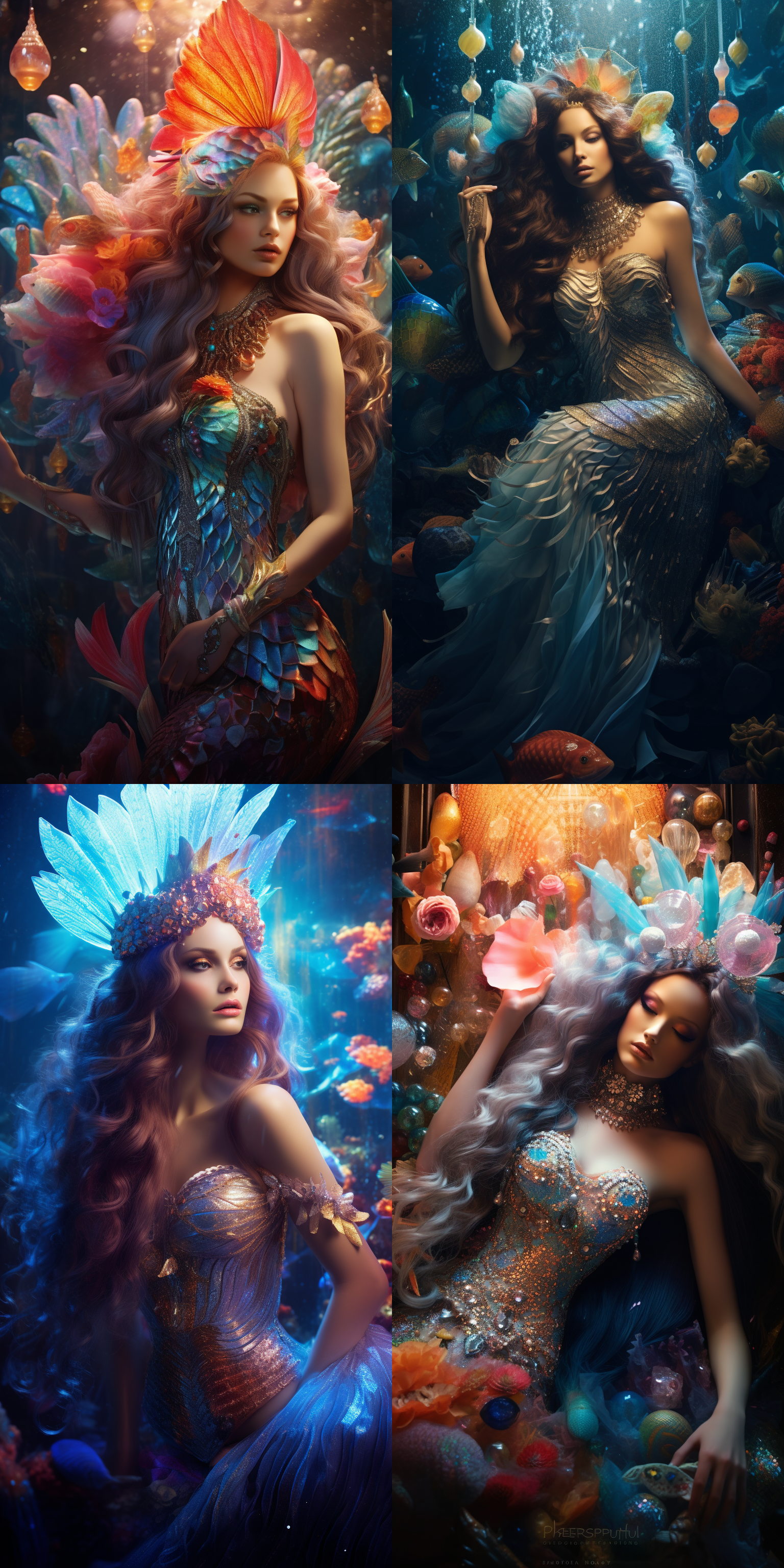 美丽的美人鱼公主，长发蓝色闪亮，鳞片覆盖，彩虹色尾巴，珊瑚宝座，海底，奇异海洋生物环绕，手持发光珍珠，神秘光芒，细节丰富，超现实风格，水下摄影，柔和光线，广角镜头，色彩鲜艳，梦幻氛围。
