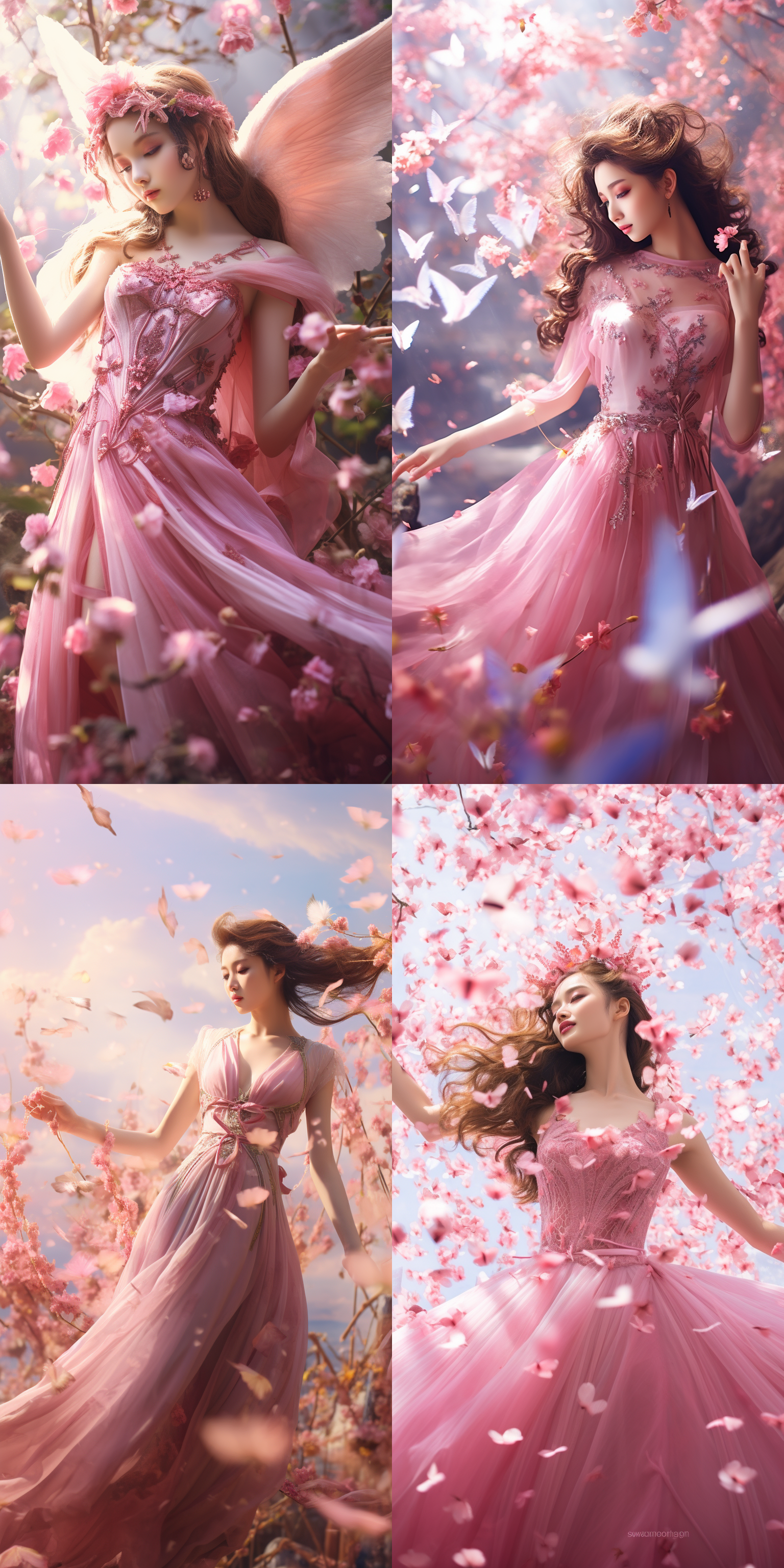 小仙女，粉色翅膀，粉色连衣裙，花朵头饰，甜美微笑，挥舞魔杖，花海中飞翔，花朵绽放，绚丽光芒，柔和光线，广角镜头，高饱和度，温暖色调，梦幻风格，轻盈动作，快乐情绪。