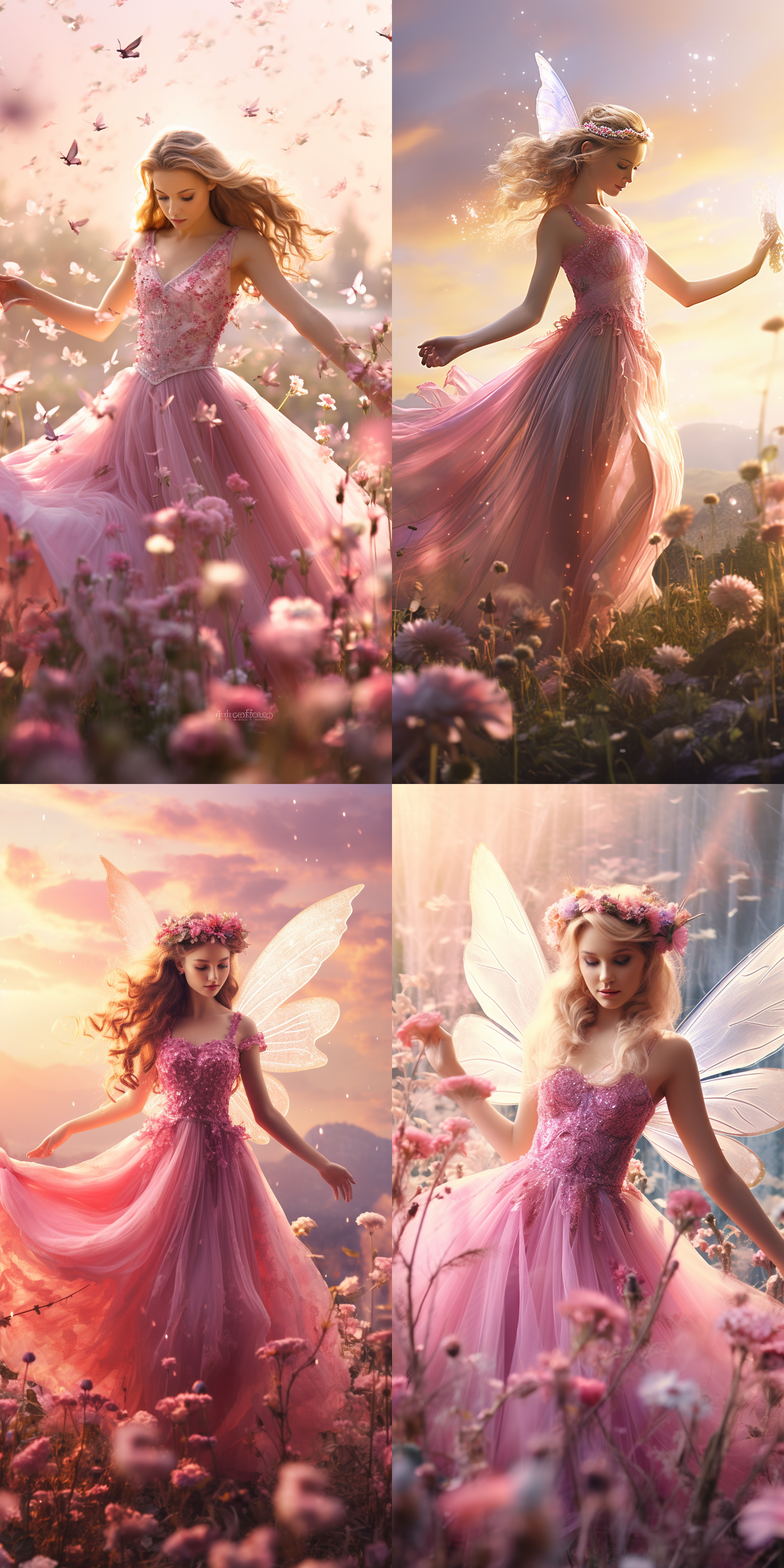 小仙女粉色翅膀，粉色连衣裙，头戴花朵，甜美微笑，挥舞魔法棒，花海中快乐飞翔，周围花朵绽放璀璨光芒。对角线构图，高饱和度，花海环境，广角镜头，柔和侧光，动态模糊，轻盈，梦幻色彩，愉悦情感。