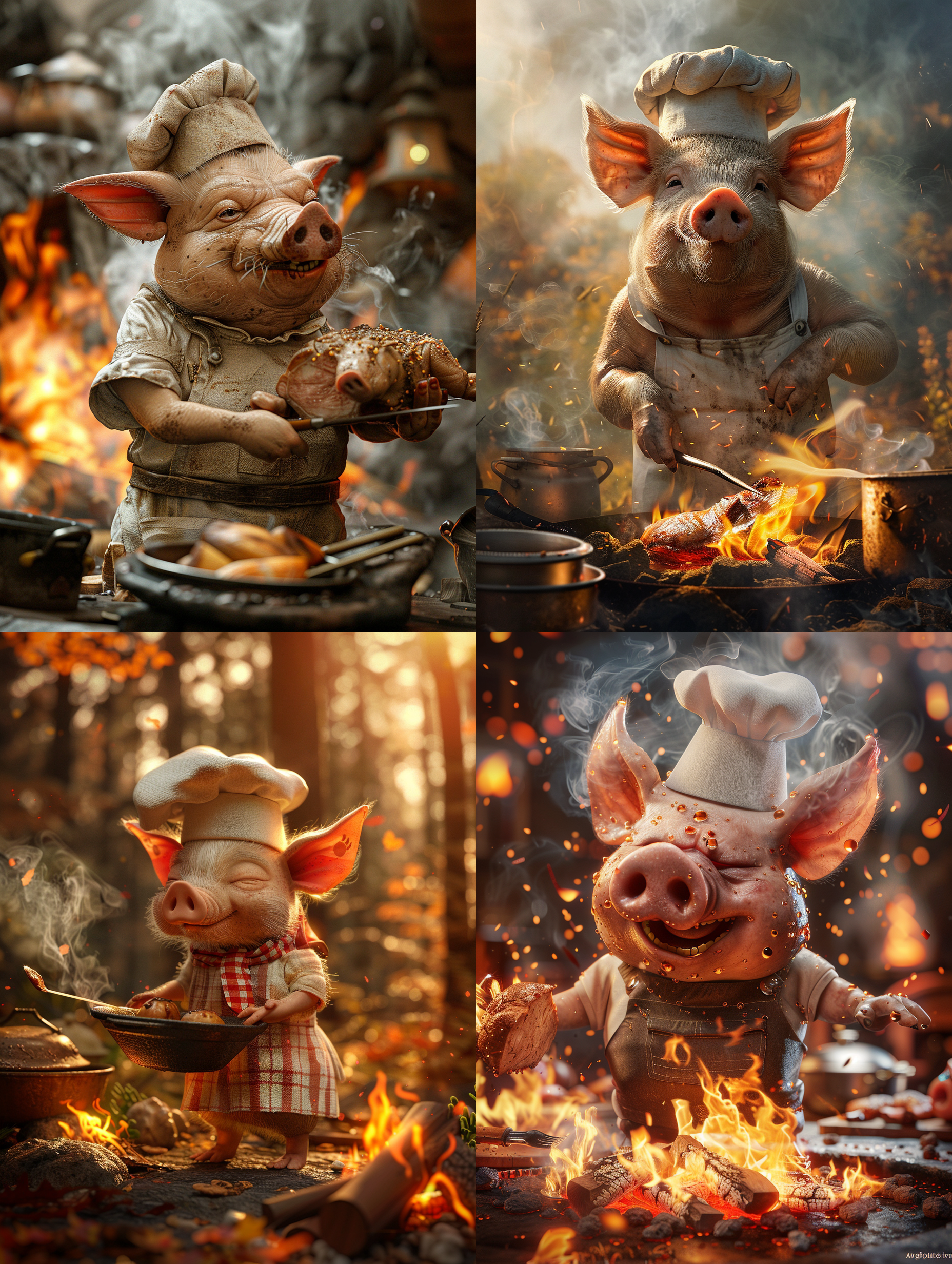 拟人化猪烧烤师傅，野外烧乳猪，自然光，暖色调，广角镜头，侧光，专注表情，木炭火，烟雾缭绕，野外背景，生动活泼。
