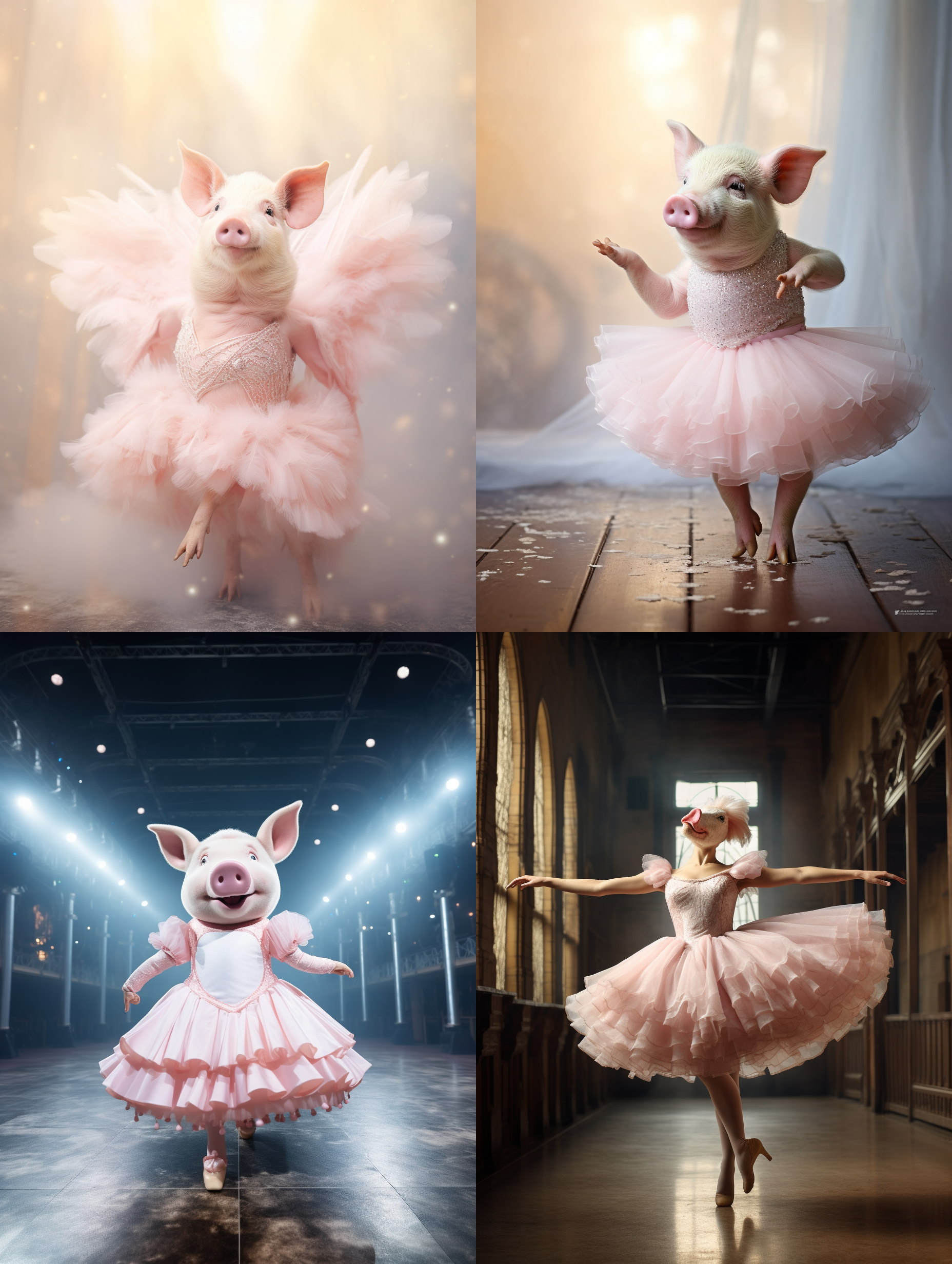 猪拟人化，芭蕾舞装，舞台中央，优雅姿态，广角镜头，柔和光线，慢动作，粉色与白色，梦幻氛围，欢乐表情。