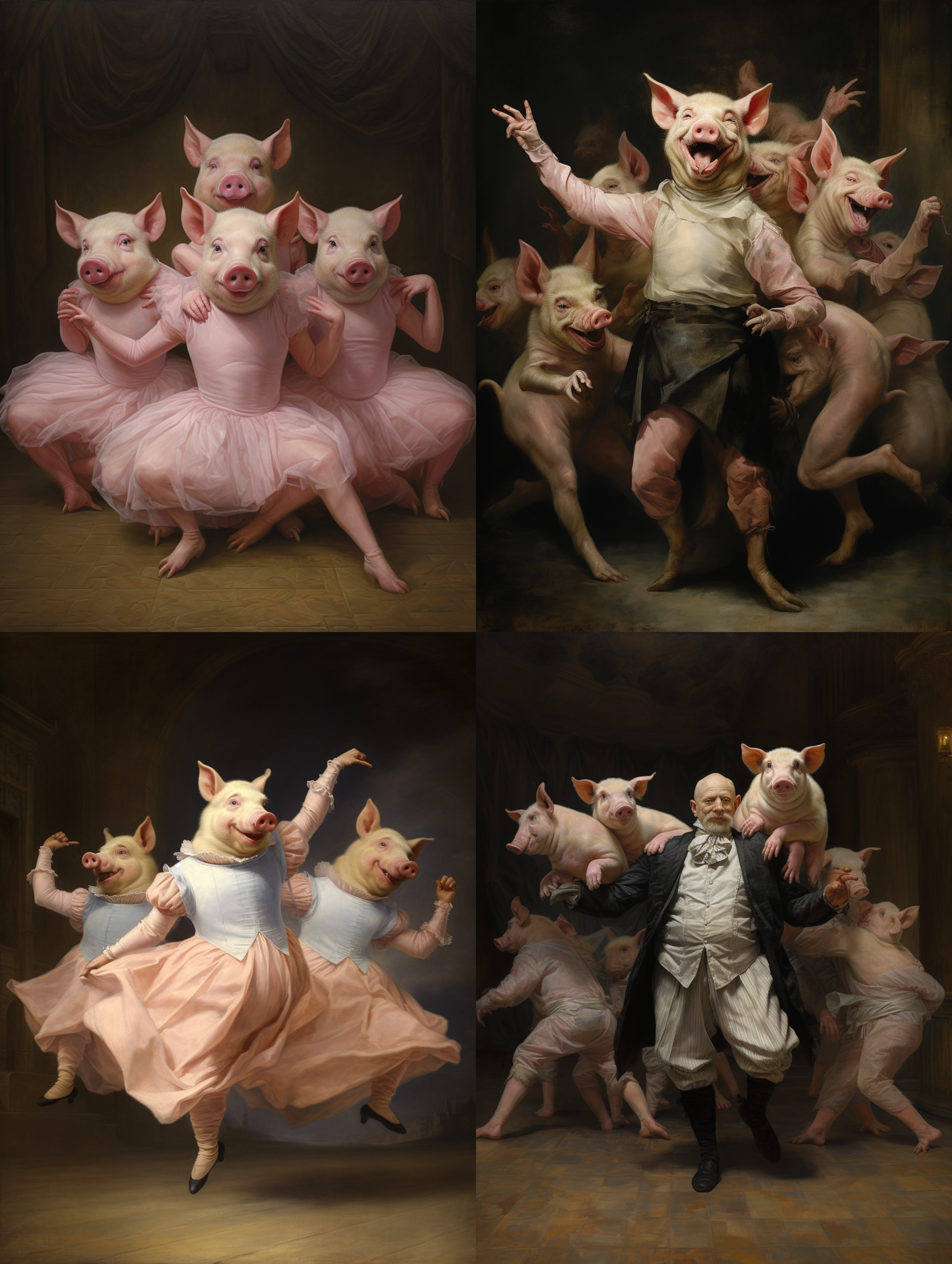 几只猪，拟人化，穿着芭蕾舞，跳芭蕾舞，