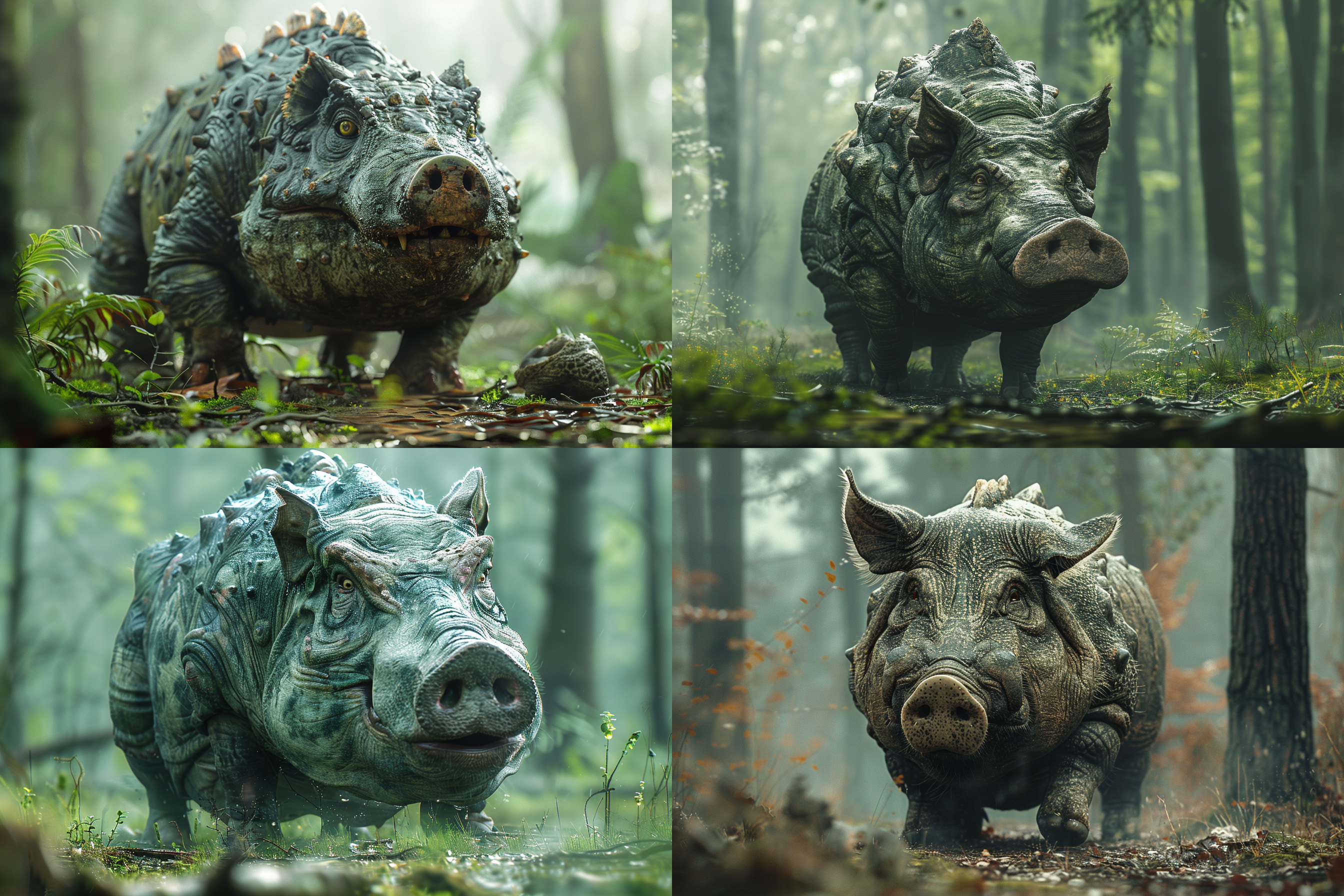 猪身披恐龙皮肤，奇幻场景，猪表情惊讶，恐龙皮肤细节逼真，森林背景，超现实风格，广角镜头，远景，柔和光线，神秘氛围，绿色调，惊奇感。