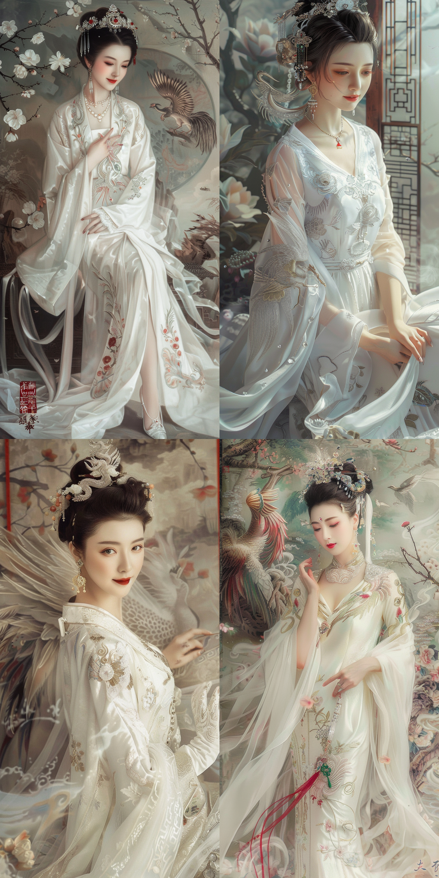 民国仕女造型，绝世容颜，中国美女，丰满身材，微笑闭嘴，肤如凝脂，盘发精致，鲜艳色彩，银色刺绣的乳白色旗袍，水晶高跟鞋，白色丝袜，清纯美丽，珠宝点缀，凤凰发饰，杰作级质量，绝世容颜，细长眉毛，全身照，柔和侧光，高光细节，环境光，长焦镜头，自然色彩，静态美，传统旗袍服饰，细腻肌肤，优雅姿态，古典美，仕女图风格，柔和光线。