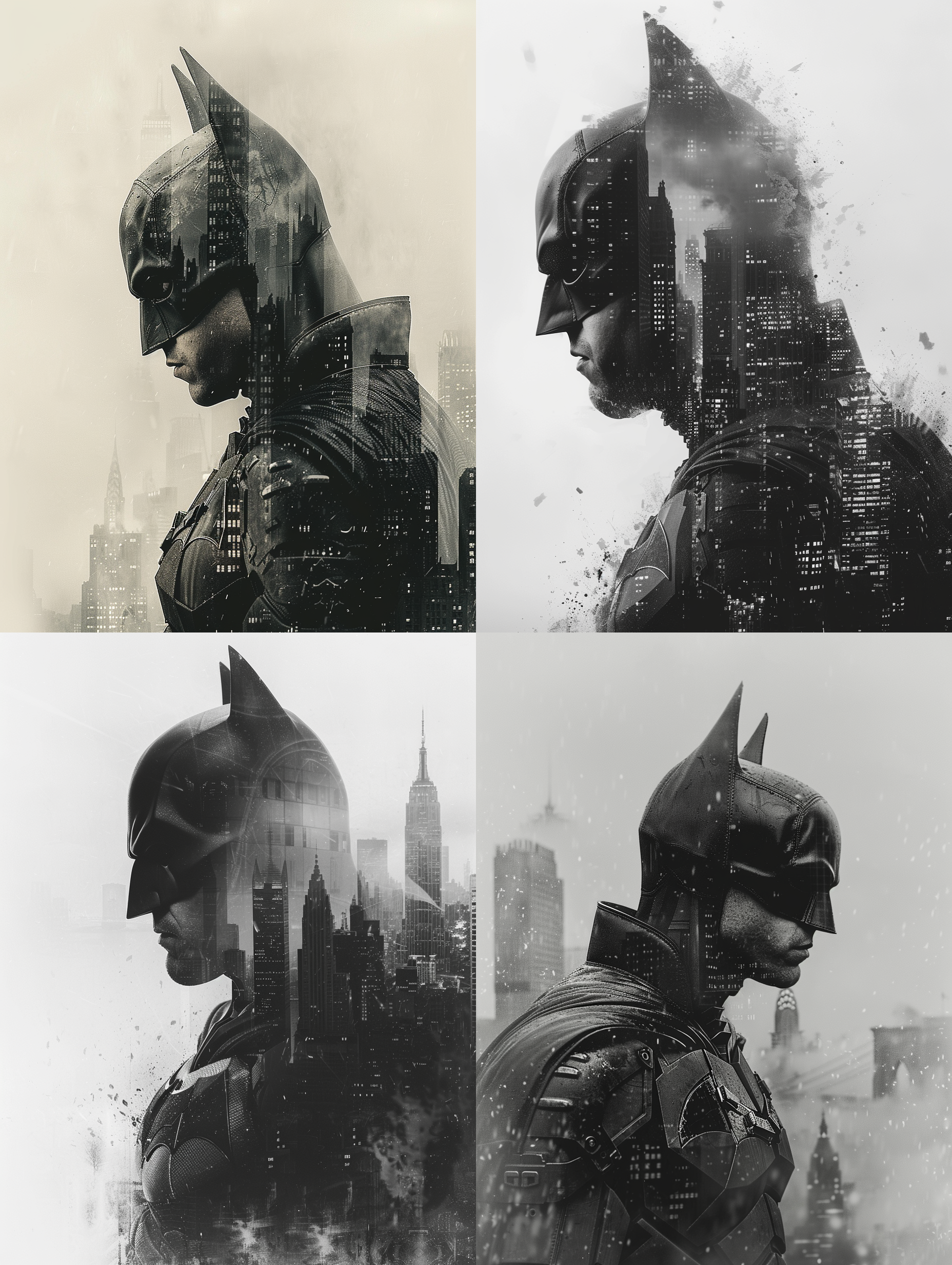 蝙蝠侠，双重曝光拍摄，蝙蝠侠的正面被哥谭市填满