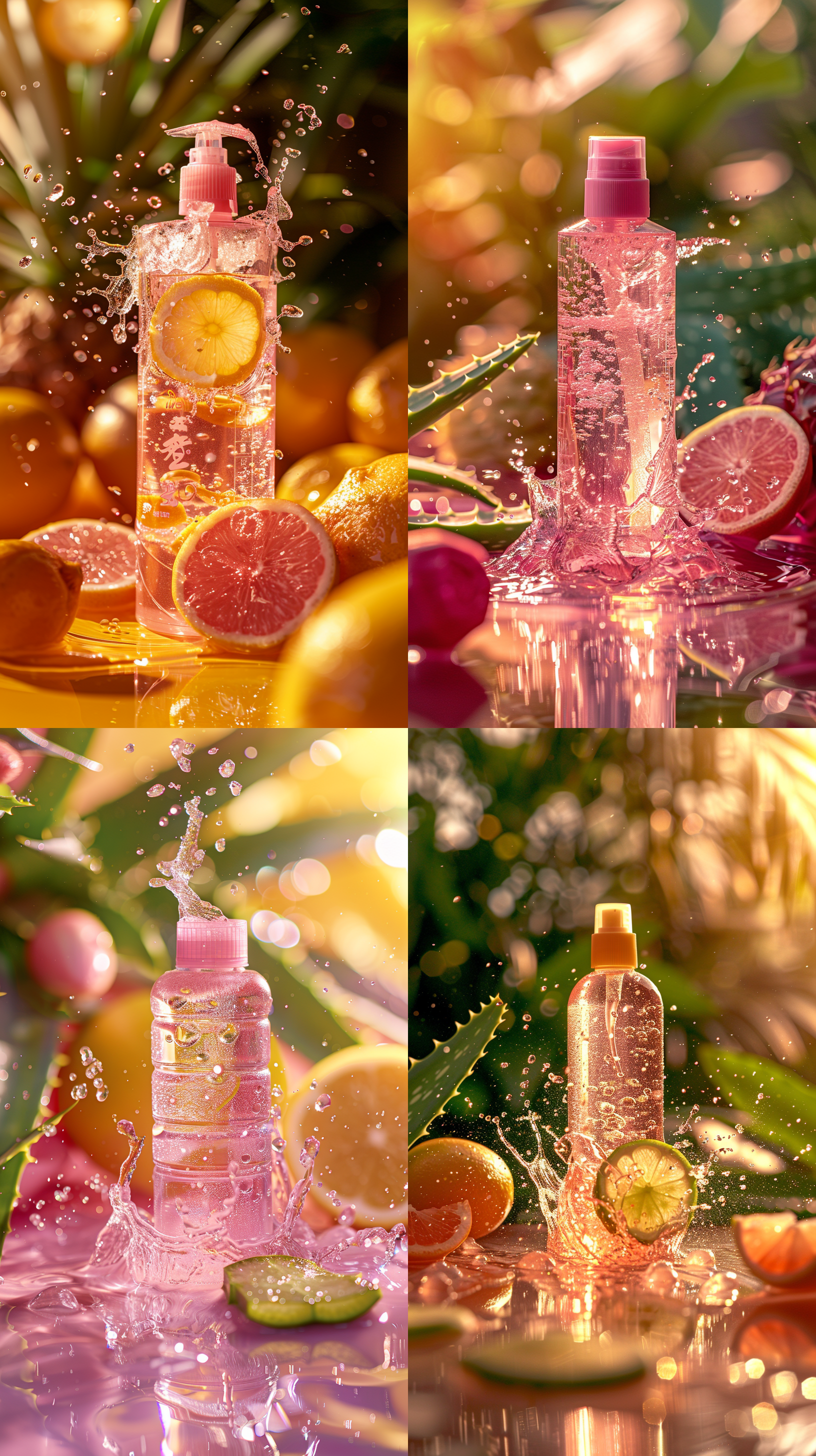 粉色cleaning lotion产品包装，动态摄影，水面溅起水花，产品周围环绕芦荟乳液，切开的新鲜芦荟，浅黄色背景，干净的背景，细节精细，光影结构分明，高速快门，暖色调，自然光，产品突出，清新感。