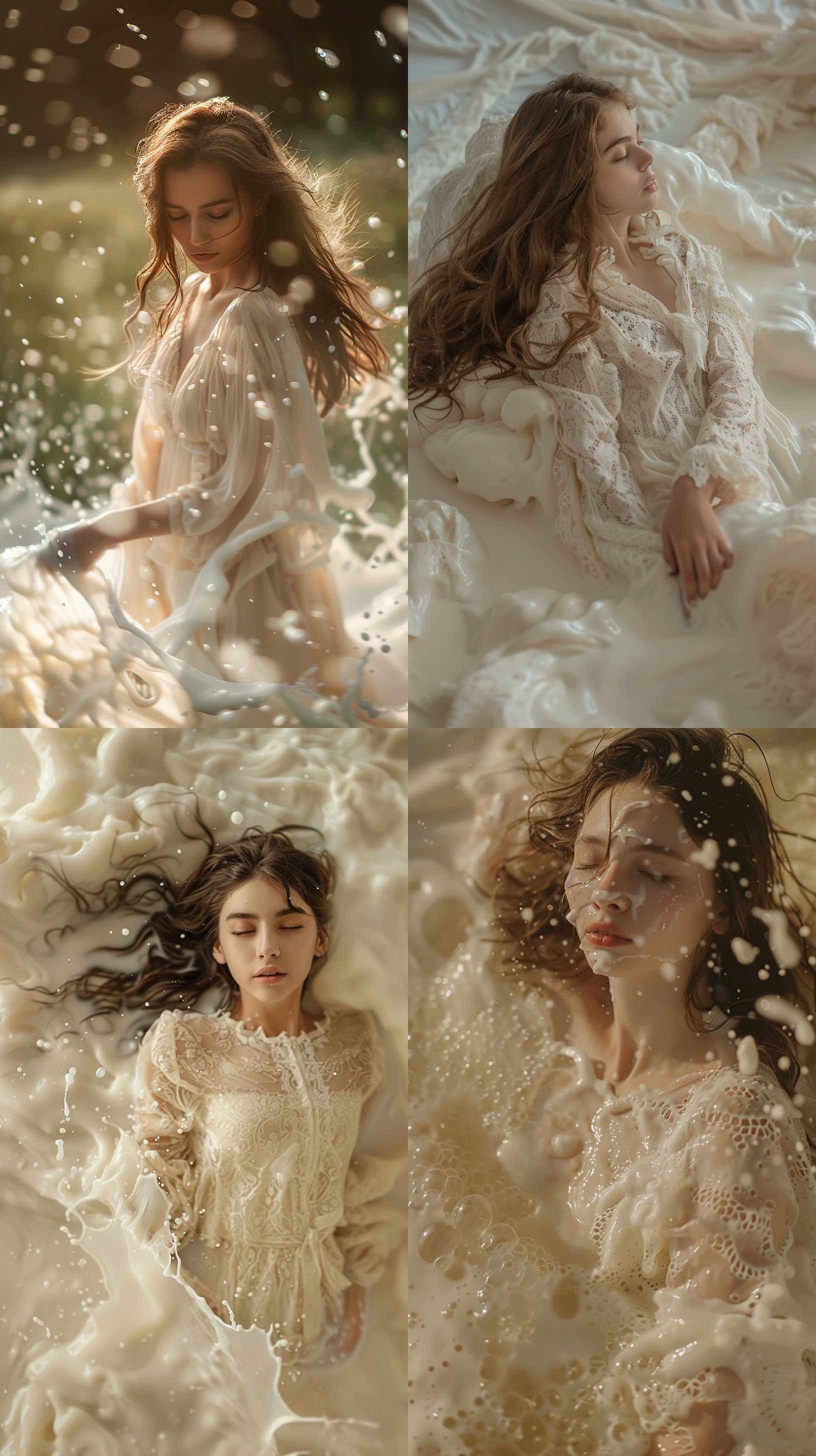 女孩被牛奶包裹，梦幻场景，柔和光线，流动牛奶，平静表情，长发飘逸，牛奶质感长裙，温暖环境，远摄镜头，自然光，慢快门，优雅，纯洁。