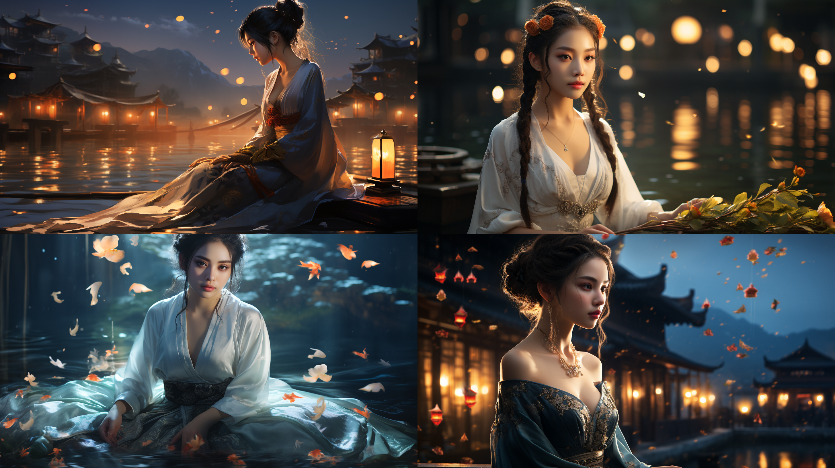 一个中国古代少女，绝美容貌，精致脸型，白皙肤色，发鬓，穿古装，中国风，全景透视，仙侠世界，柔光，正视图，清冷，月光，水面，坐着