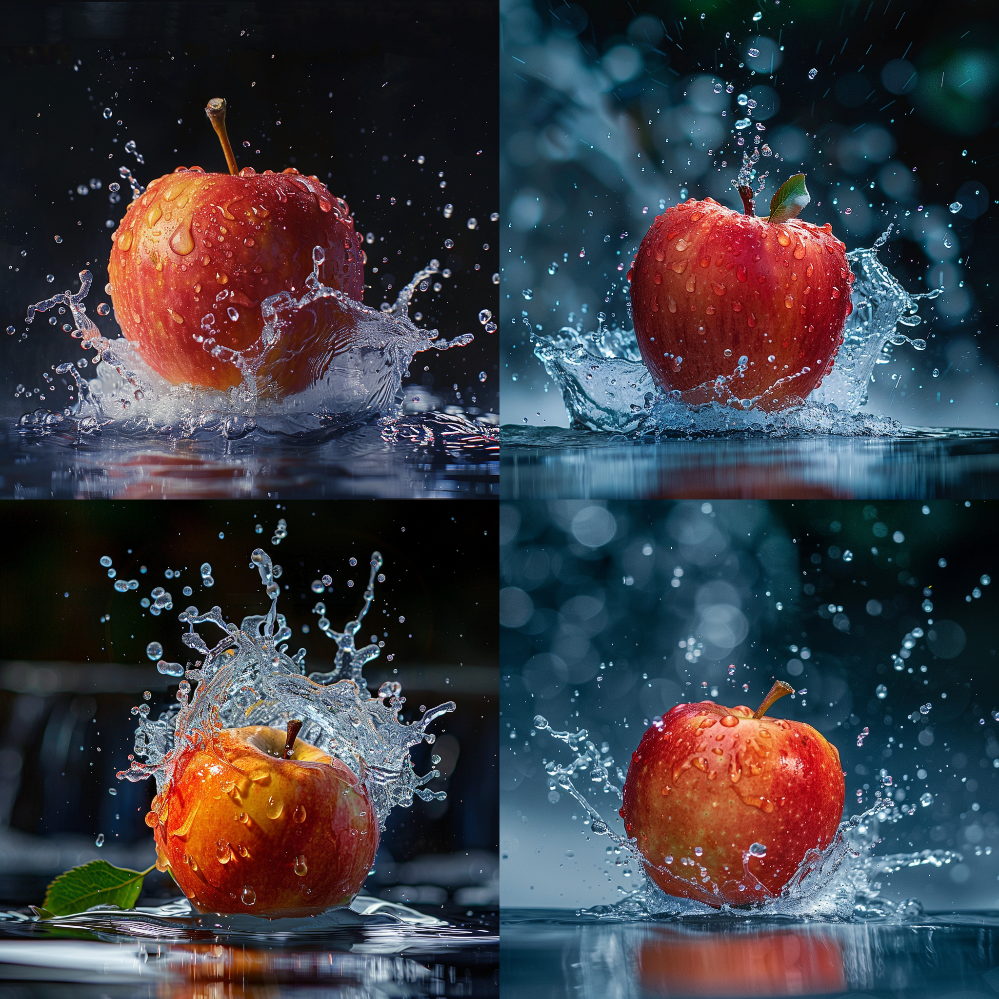 苹果掉入水中，水花四溅，高速摄影，超真16k，近景，自然光，水滴细节，动态模糊，清新色彩，惊奇表情。
