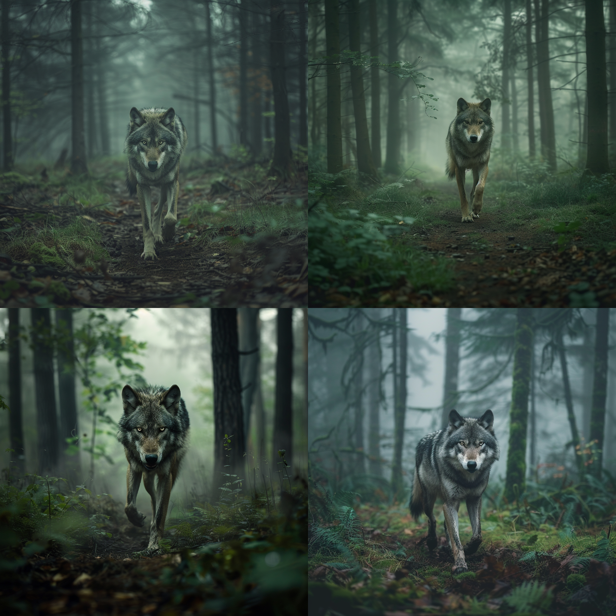 狼行森林，广角镜头，超真16k，深绿色调，自然光，动态模糊，孤独，神秘，森林深处，狼步态，锐利眼神，灰毛，清晨雾气。