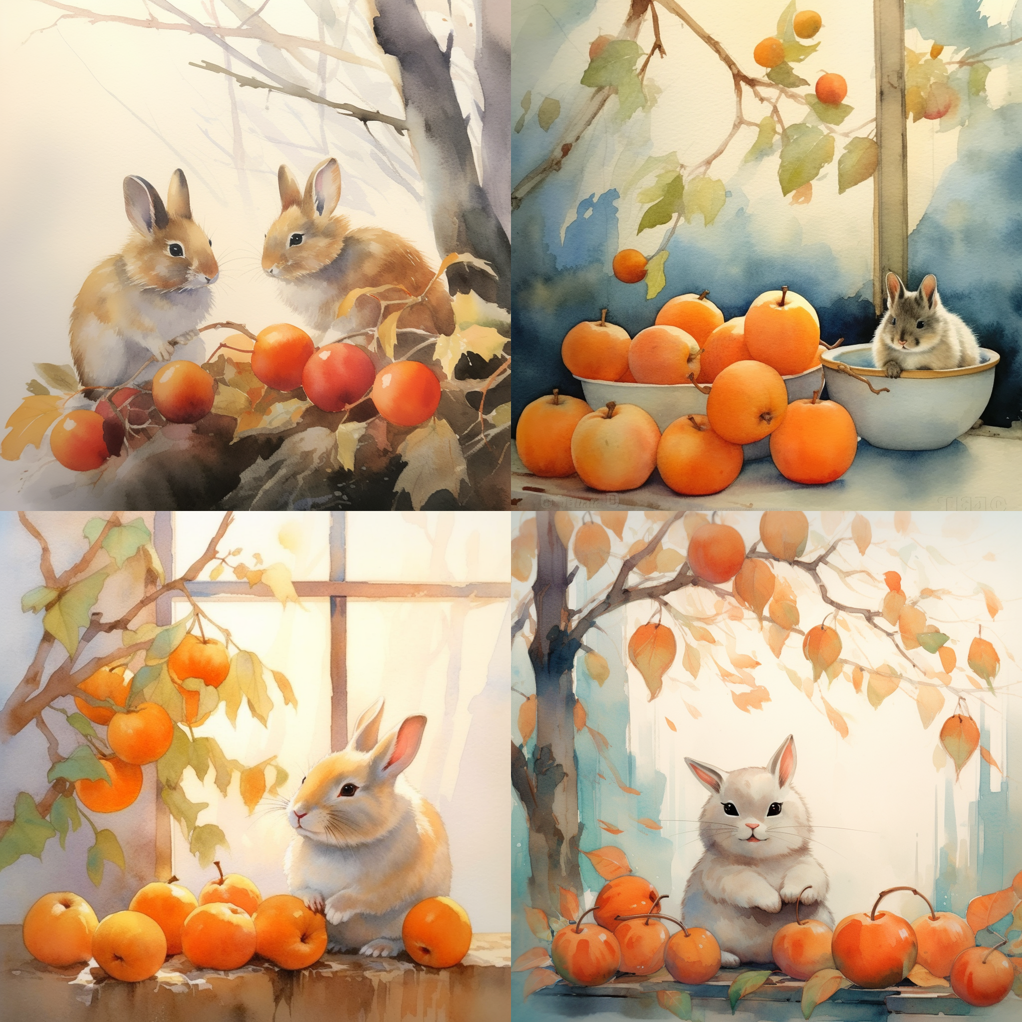 水彩柿子，兔子，柔和色彩，水彩风格，自然环境，长焦镜头，逆光，静态，温馨，田园风光，兔子表情安详，柿子鲜艳。