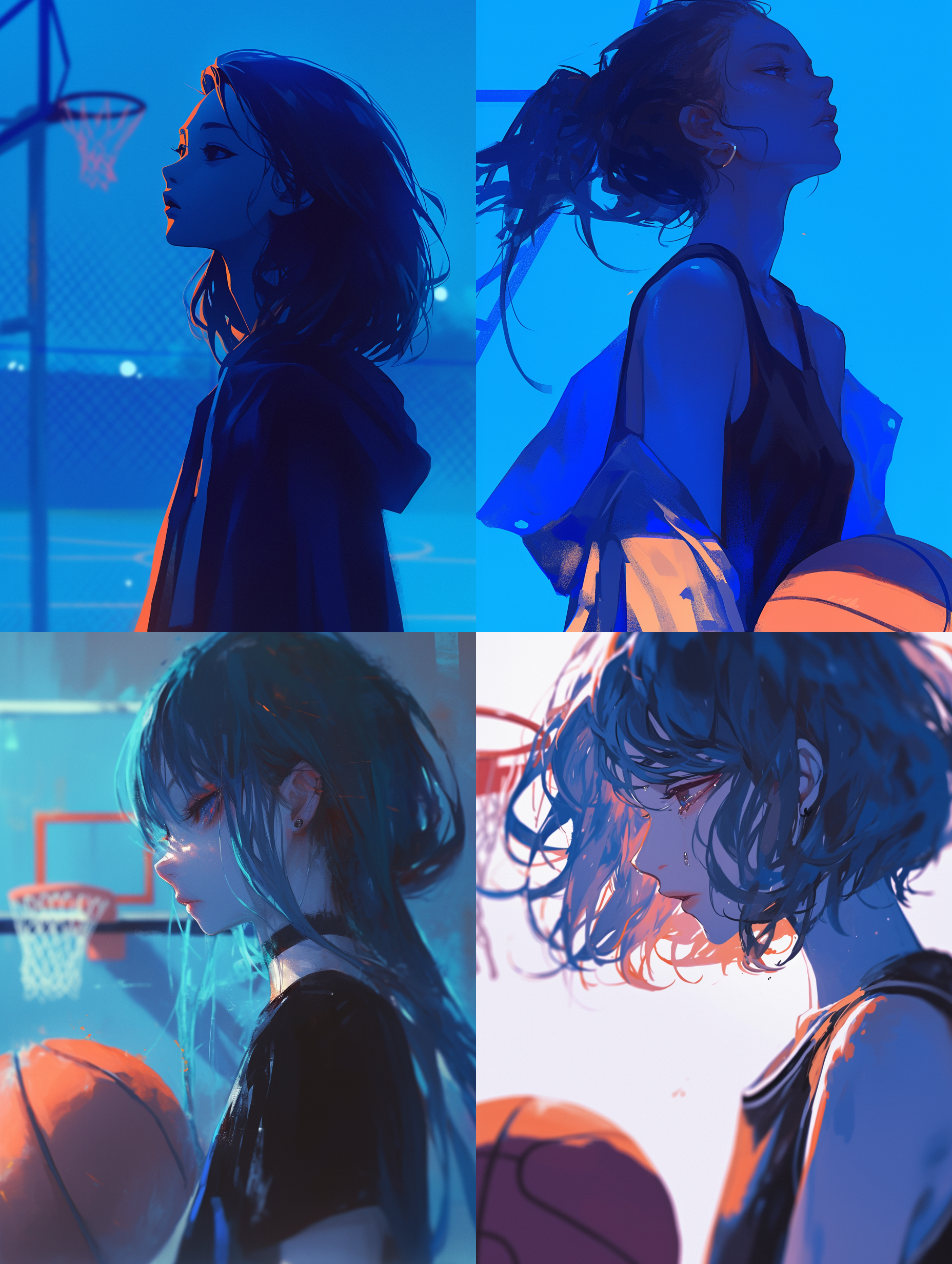 忧郁篮球少女，侧面，艺术风格，运动装，酷发型，篮球场，柔光，长焦镜头，静态动作，蓝色调，深邃眼神，孤独感。