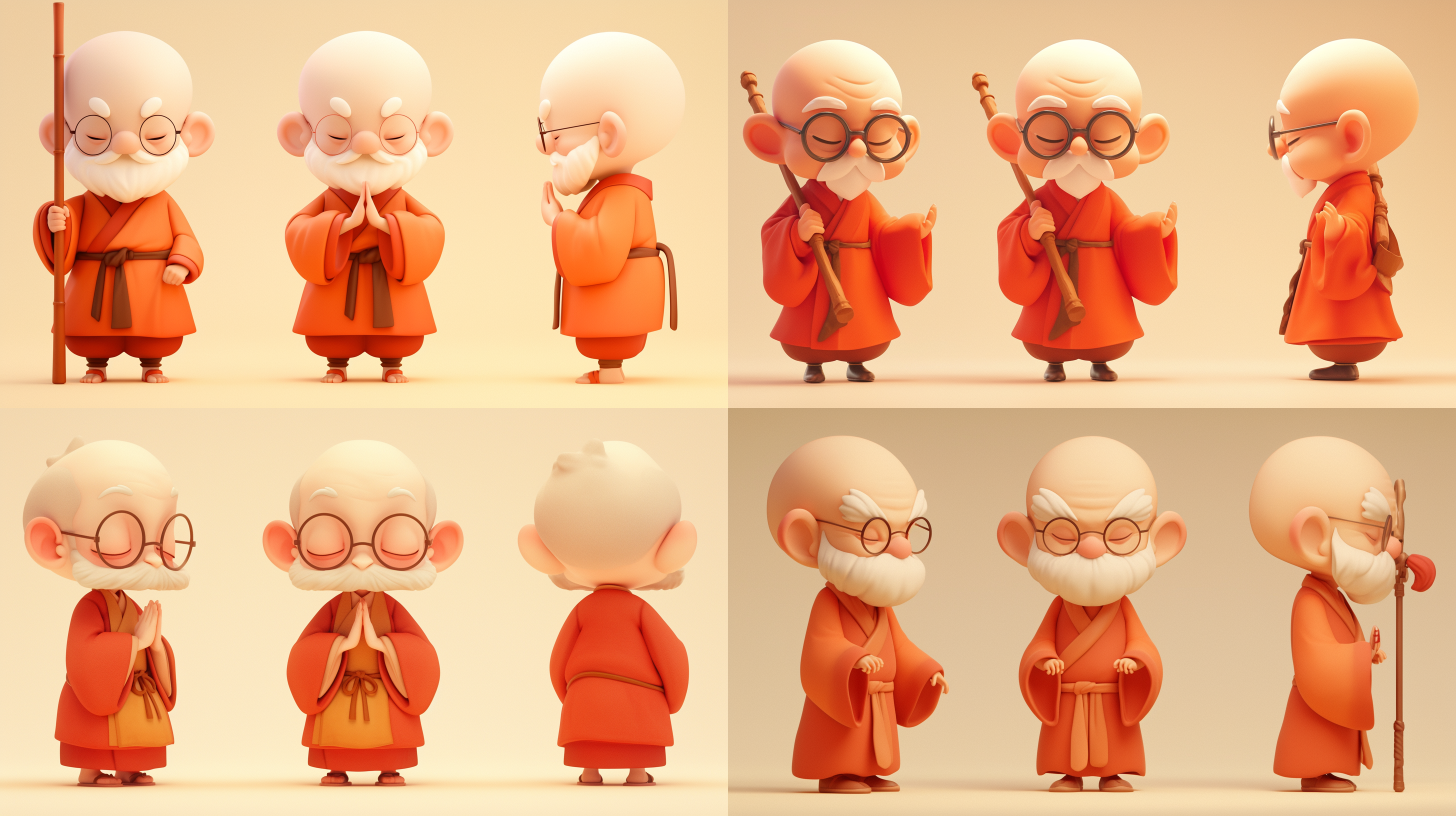 三视图，全身，正面，侧面，背面，卡通ip，可爱的老年僧人，红色袈裟，僧袍，萌萌哒，白色长眉，干净背景，pop mart，pixar，ip盲盒，粘土材料，柔和颜色，工作室灯光，octane render，3d，c4d，超高清8k，16:9纵横比。