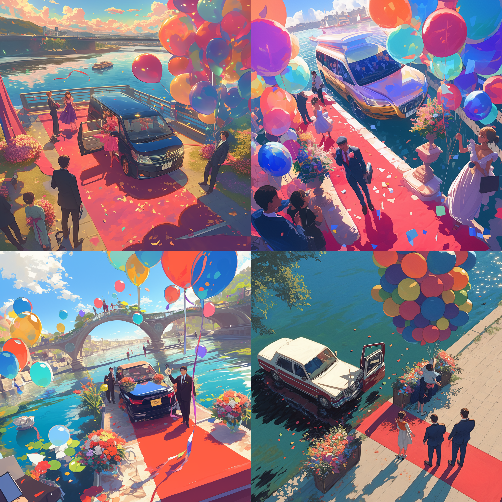 商务车河畔停靠，人群下车惊叹，缤纷气球红毯鲜花，广角镜头，自然光，鲜艳色彩，惊喜表情，户外场景，细节丰富，动态捕捉。