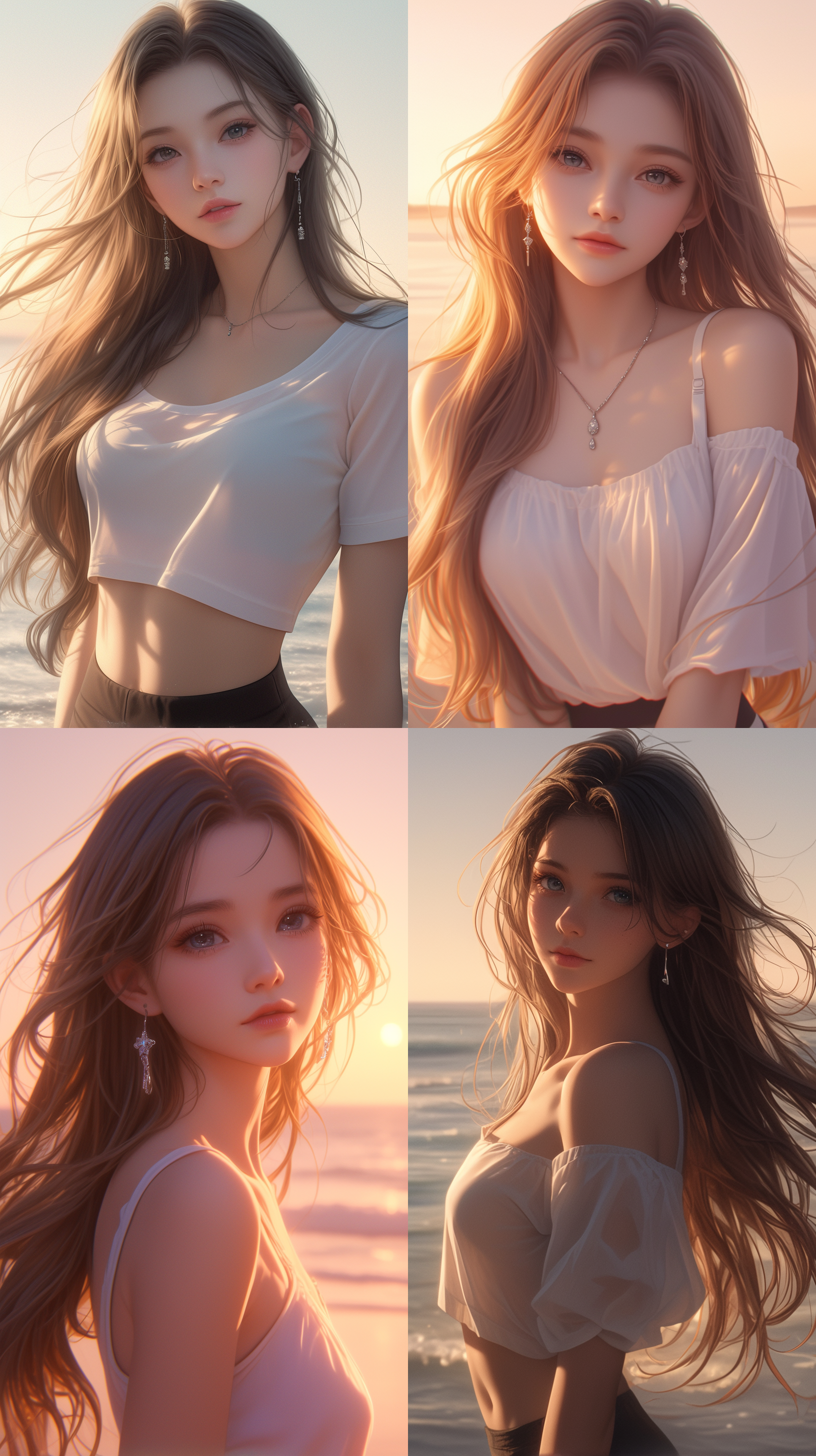夕阳下，长发中国女孩，白色短袖，黑色裤子，五官精致，皮肤白皙，大眼睛，银色海盗风格耳环，动漫写实风格，细节精致，逆光，柔和光线，海边，长焦镜头，高饱和度，温暖色调，宁静表情。