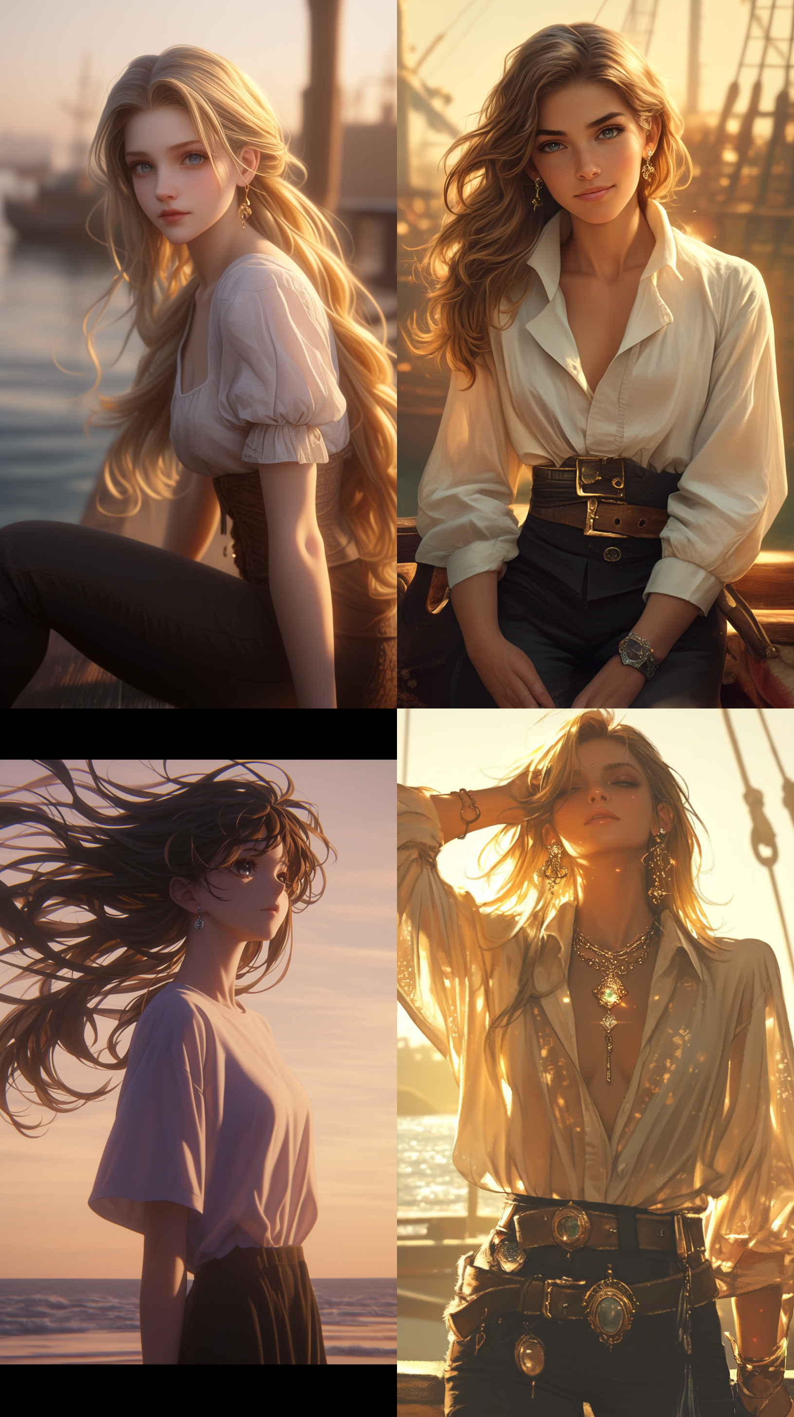 夕阳下，长发女孩，白色短袖，黑色裤子，五官精致，皮肤白皙，大眼睛，银色耳环，海盗风格，动漫写实，细节精致，逆光，柔和光线，海边，长焦镜头，高分辨率，温暖色调，宁静表情。