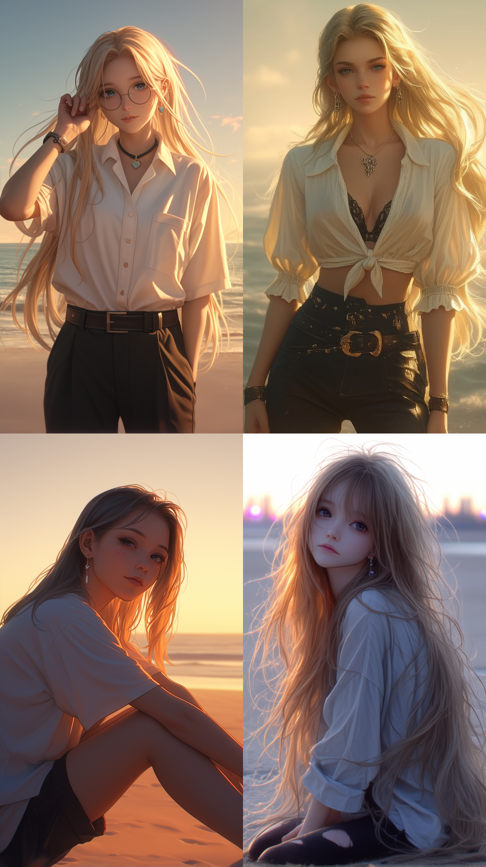 夕阳下，长发女孩，白色短袖，黑色裤子，精致五官，白皙皮肤，大眼睛，银色耳环，海盗风格，动漫写实，细节精致，逆光，柔和光线，海边，长焦镜头，高分辨率，温暖色调，宁静表情。