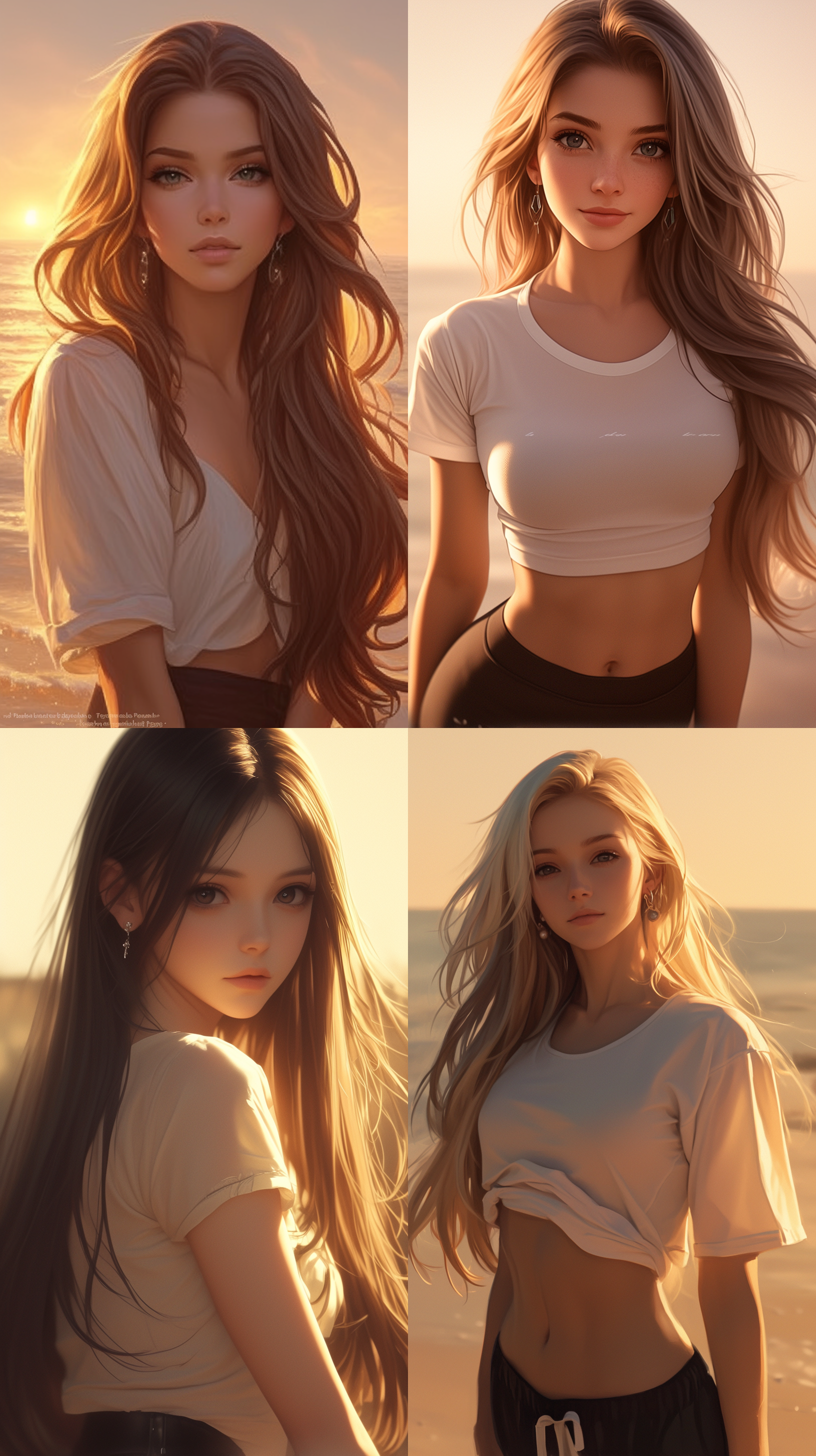 夕阳下，长发女孩，白色短袖，黑色裤子，五官精致，皮肤白皙，大眼睛，银色耳环，海盗风格，动漫写实，细节精致，逆光，柔和光线，海边，长焦镜头，高饱和度，温暖色调，宁静表情，自然姿态。