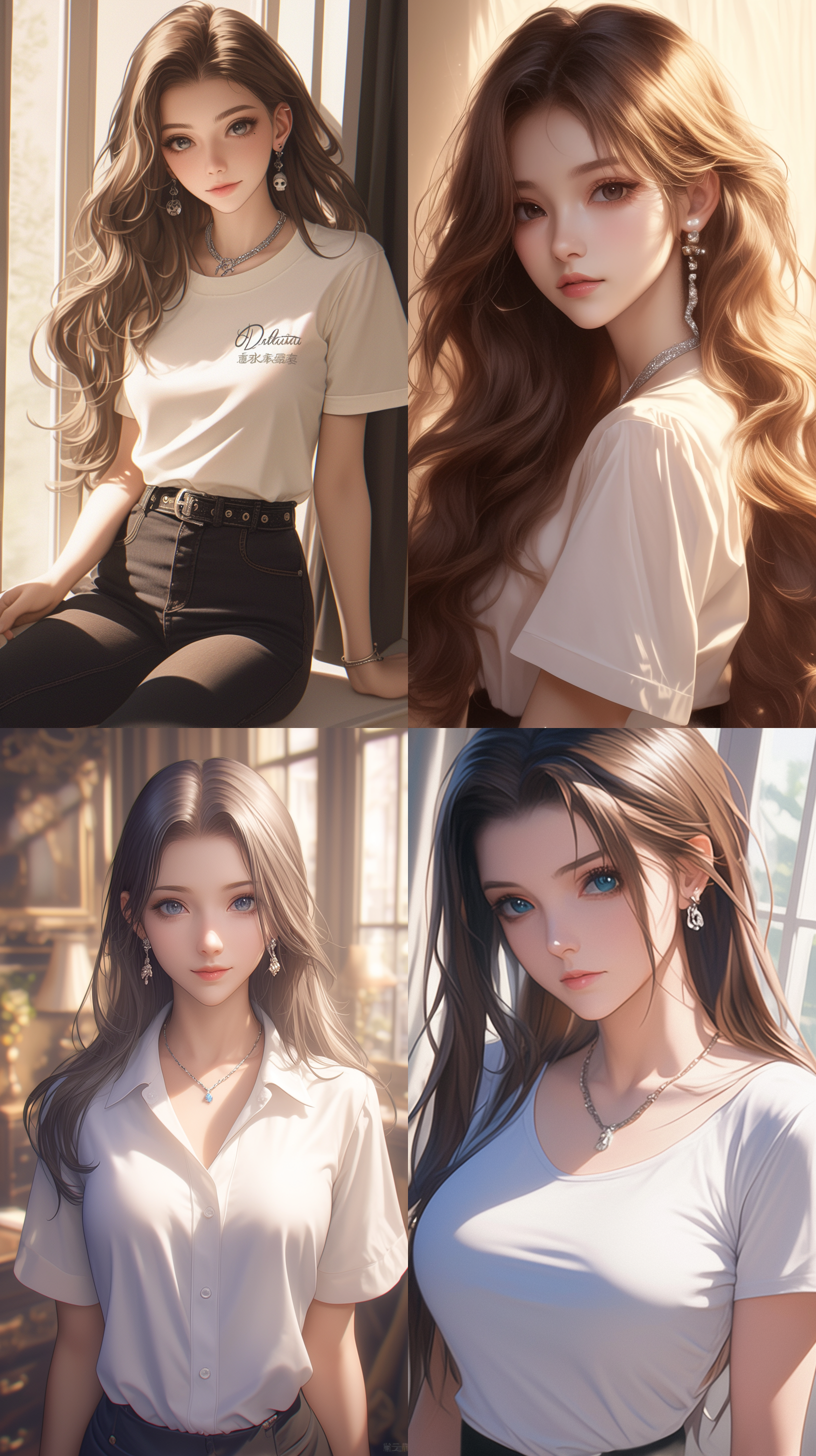 阳光下，长发中国女孩，白色短袖，黑色裤子，五官精致，皮肤白皙，大眼睛，银色海盗风格耳环，动漫写实风格，细节精致，自然光，逆光，广角镜头，高分辨率，清晰细节，生动表情，明亮色彩，清新风格。