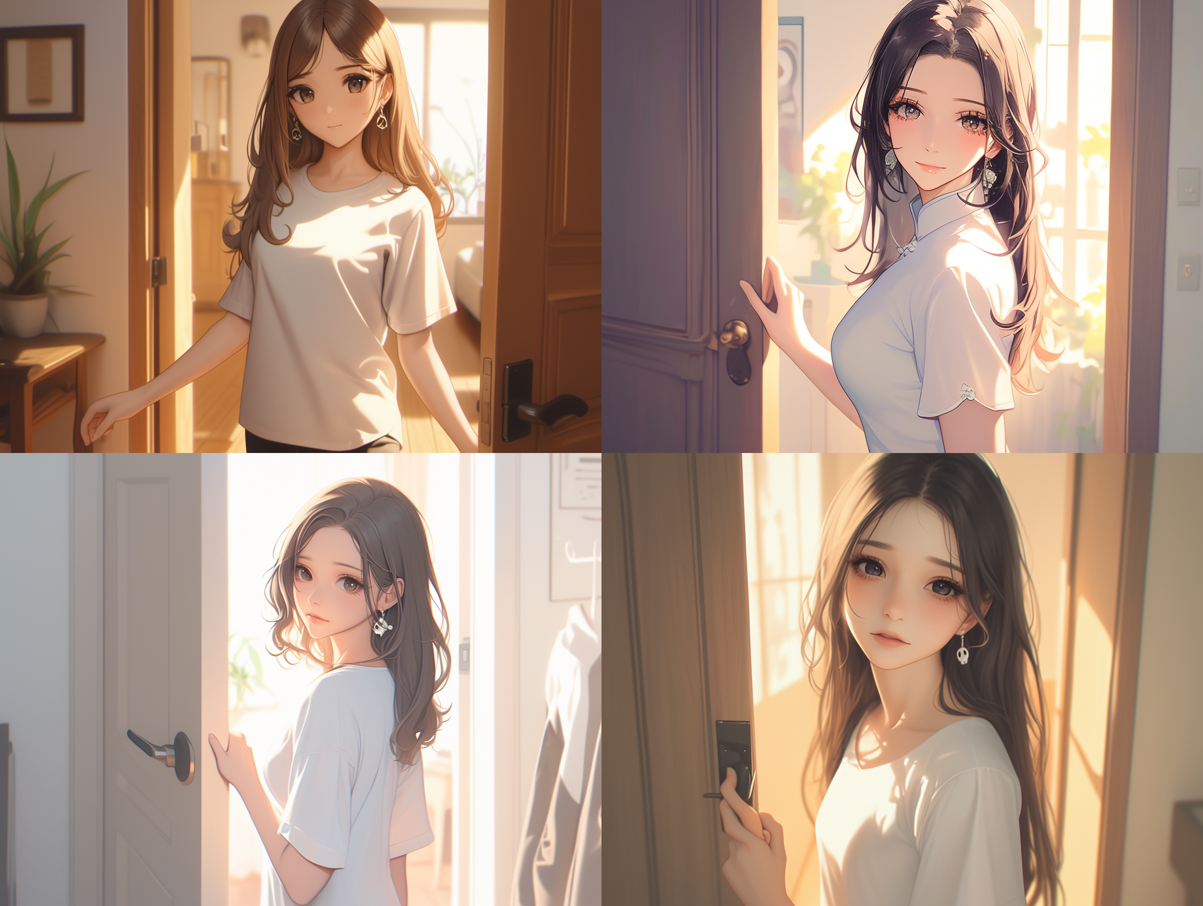 长发中国女孩，站在房间门口，手扶门把手，面向门，远景，白色短袖，黑色裤子，五官精致，皮肤白皙，大眼睛，银色海盗风格耳环，动漫写实风格，细节精致，自然光，广角镜头，高分辨率，清晰细节，生动表情，明亮色彩，清新风格。