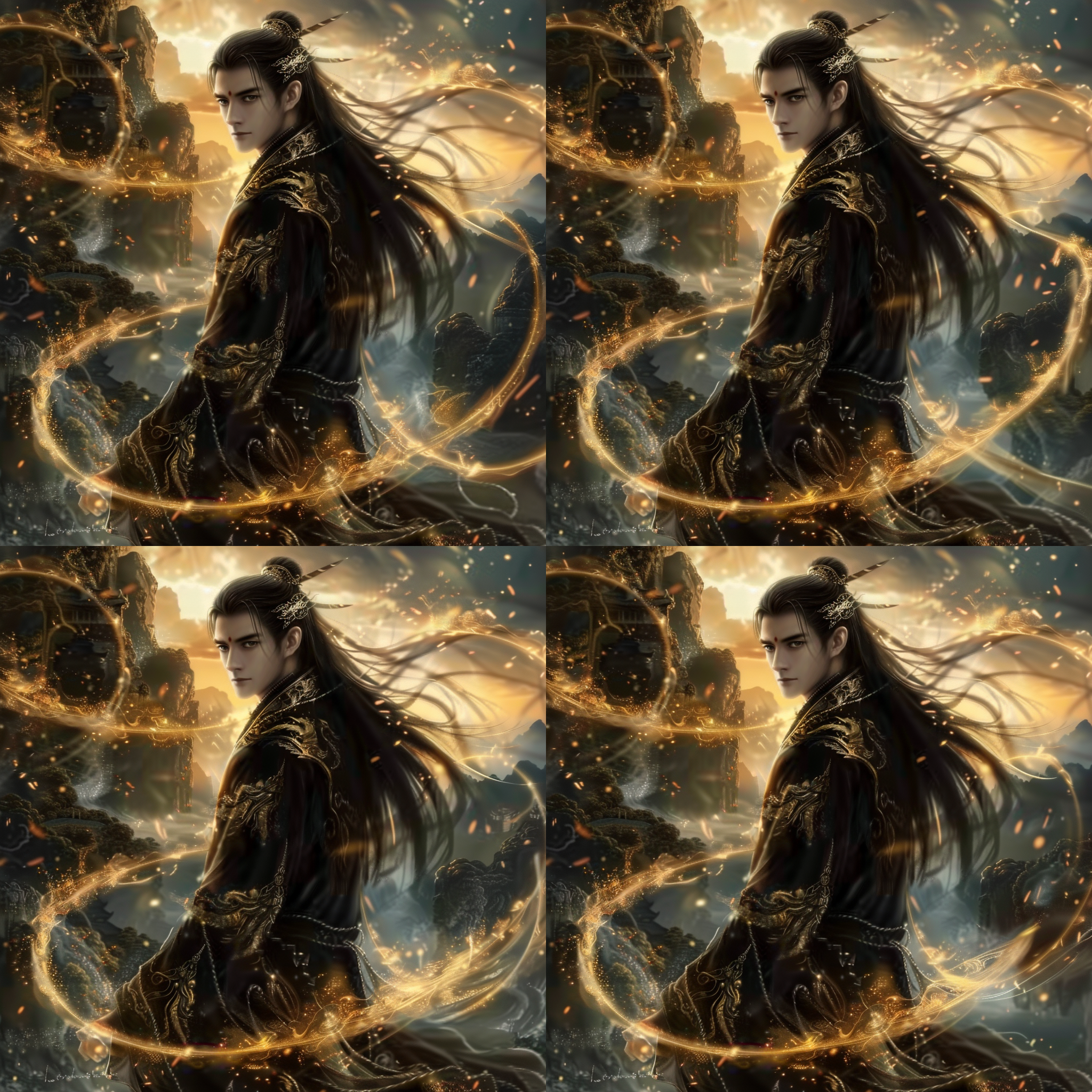 中国国潮风格，俊美古风男人，华丽服装，老虎尾巴，飘逸长发，金色符文，山海背景，云雾缭绕，远景，大气磅礴，丁达尔效应，神圣祥和，超现实主义，玄幻风格，8k高清，丰富细节，视觉震撼，金色调，广角镜头，侧光，柔和光线，神秘氛围，动态模糊，细节清晰，色彩鲜明，情感深邃。