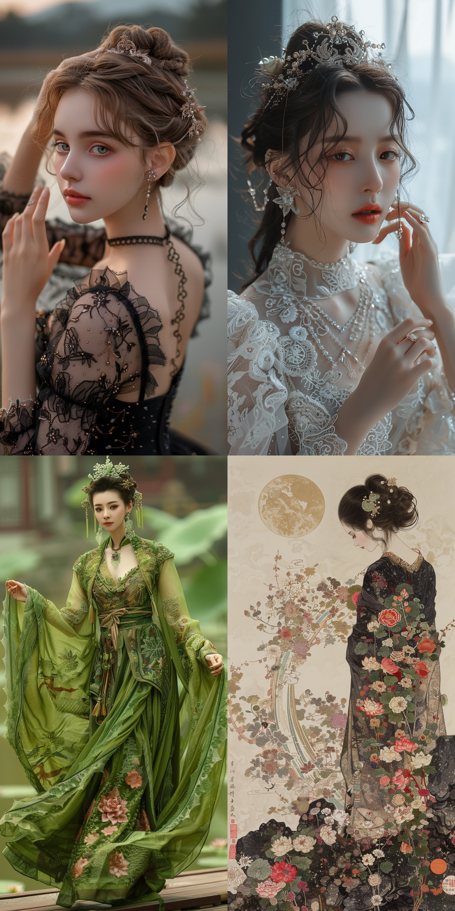 elaborate_bun, jade_combs, silk_and_lace, floral_patterns, embroidered_hem, almond_shaped_eyes, rosebud_lips, delicate_eyeliner, light_blush, dancing_in_air, graceful_hand_gestures, misty_mountains, lotus_pond, dreamy, serene