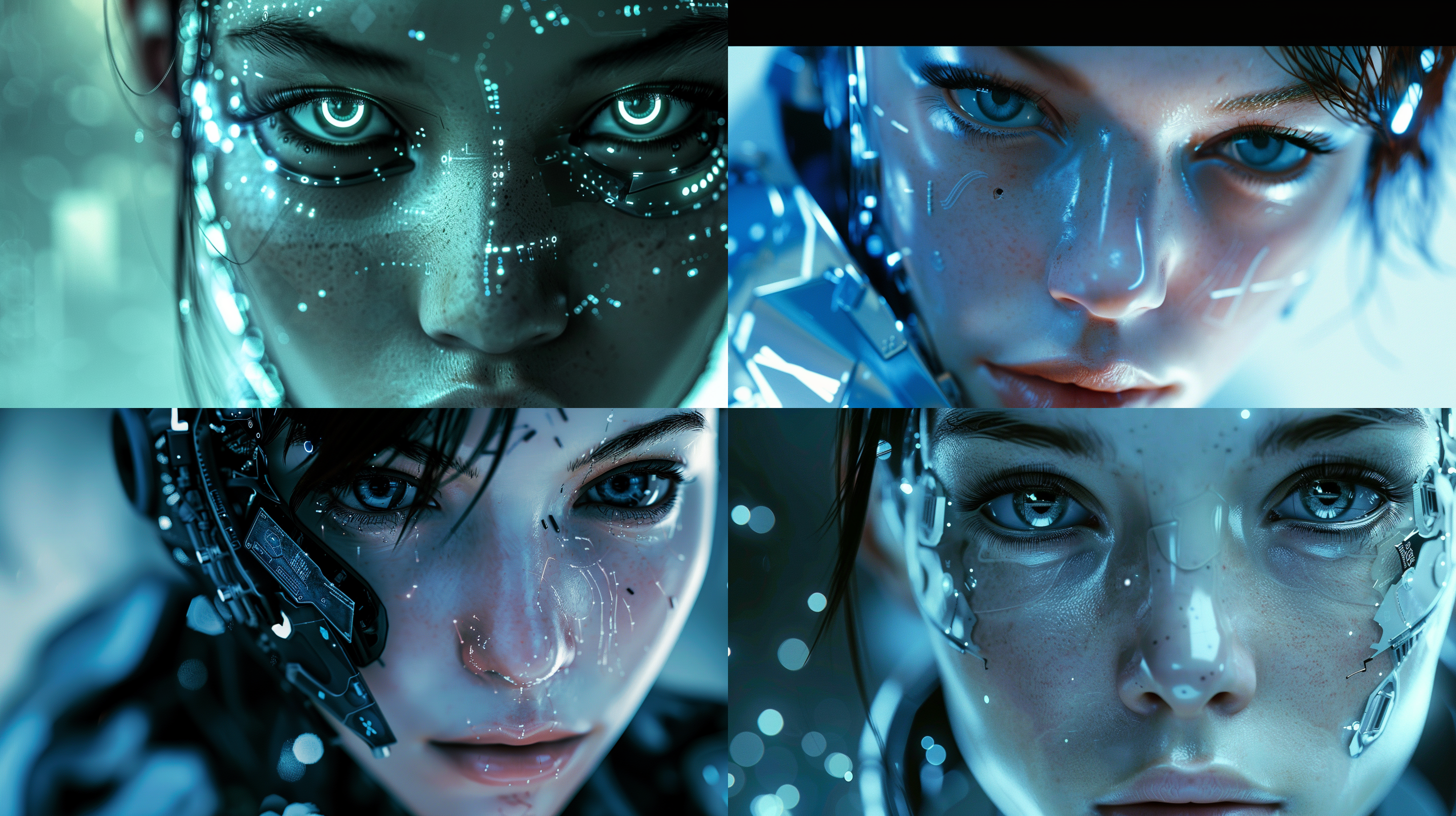 赛博女孩面部头像，未来科技感，金属质感皮肤，冷色调，特写镜头，锐利焦点，背光，电子眼，机械元素，神秘表情。