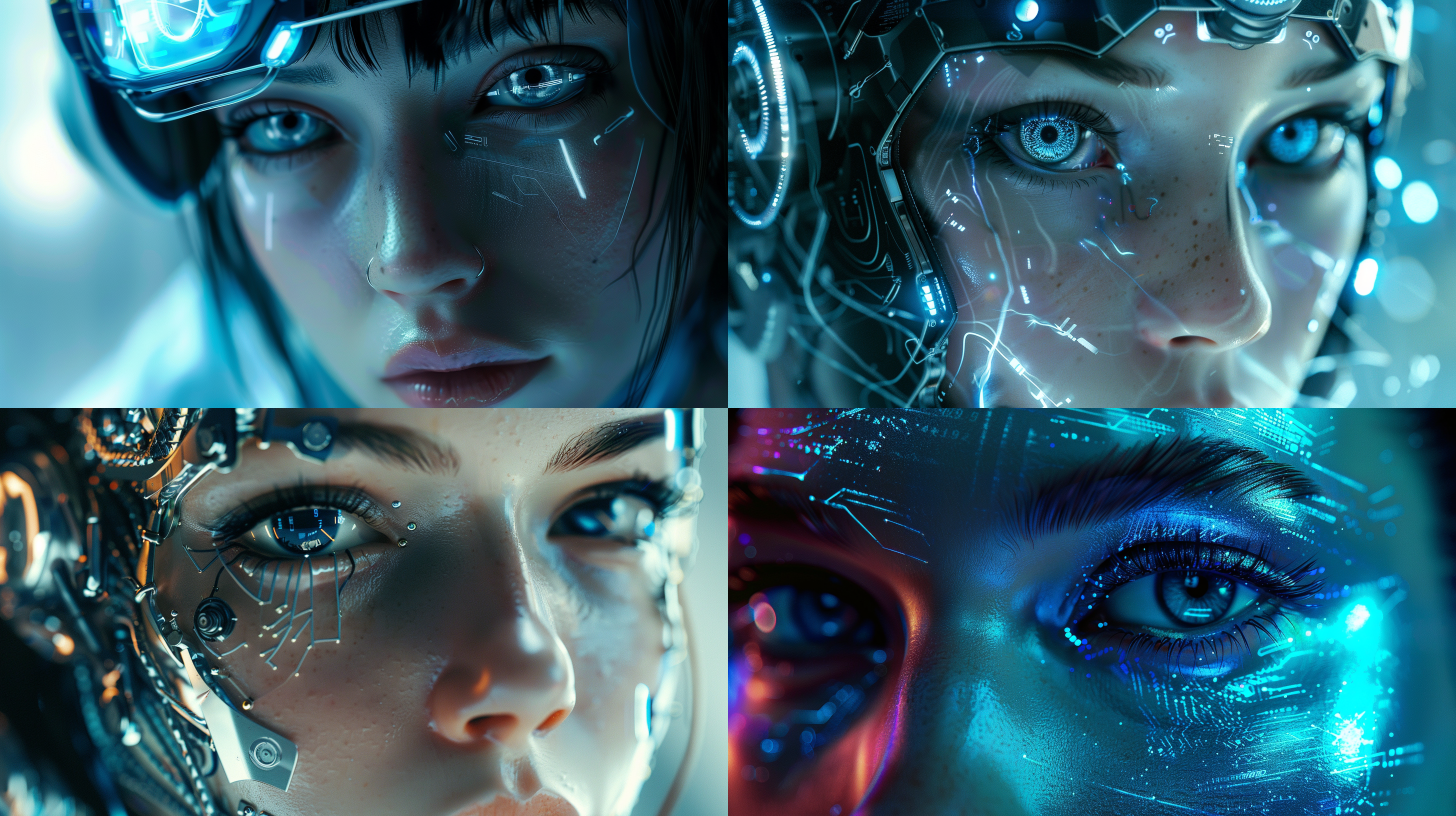 赛博女孩，未来科技感，金属质感皮肤，冷色调，广角镜头，锐利焦点，背光，电子眼，机械元素，神秘表情。