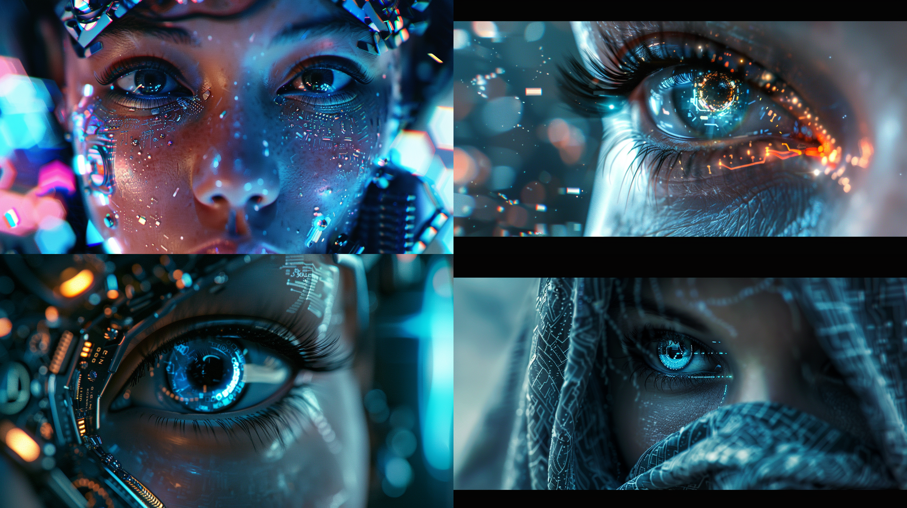 赛博美女，未来科技感，金属质感皮肤，冷色调，广角镜头，锐利焦点，背光，电子眼，机械元素