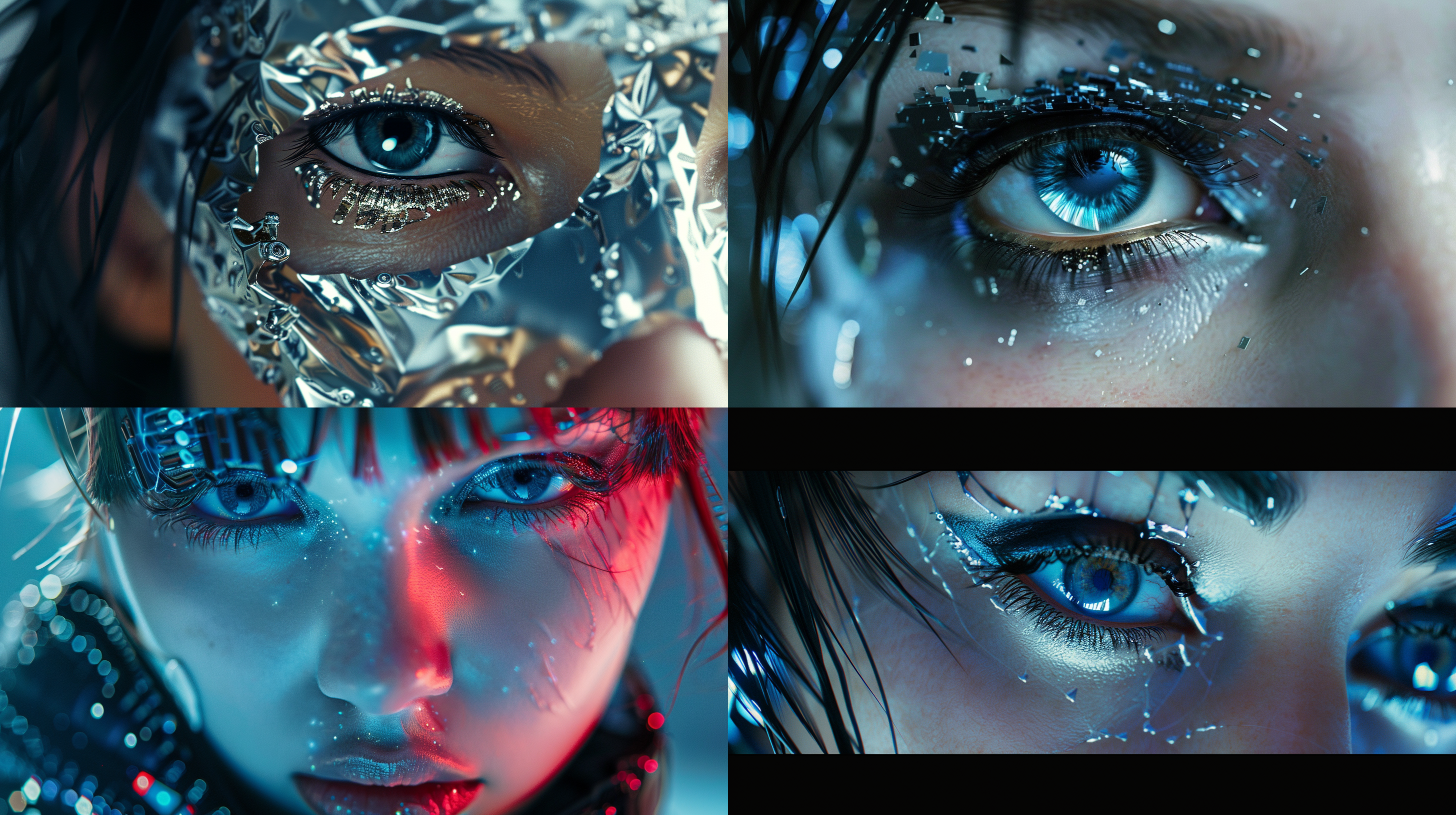 赛博美女，未来科技感，金属质感皮肤，冷色调，长焦镜头，锐利焦点，背光，电子眼，机械元素