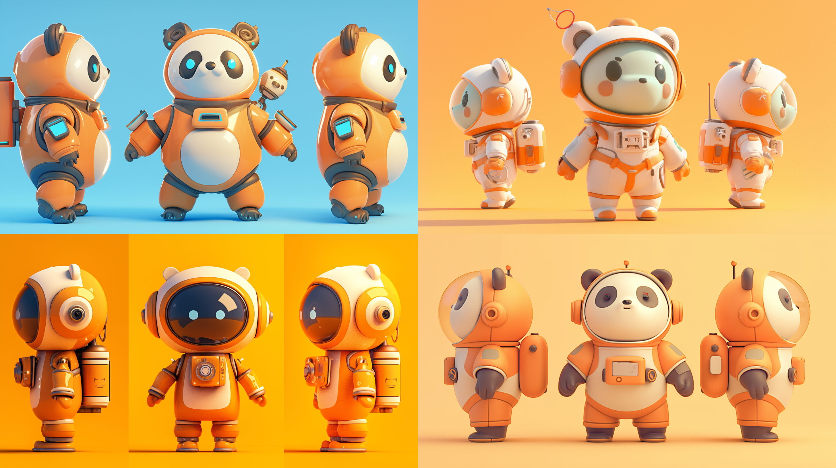 三视图，全身，正面，侧面，背面，卡通ip，白色熊猫，橙色宇航员玻璃帽子，科技感，萌萌哒，蹲下，干净背景，pop mart，pixar，ip盲盒，粘土材料，柔和颜色，工作室灯光，octane render，3d，c4d，超高清8k，16:9纵横比。