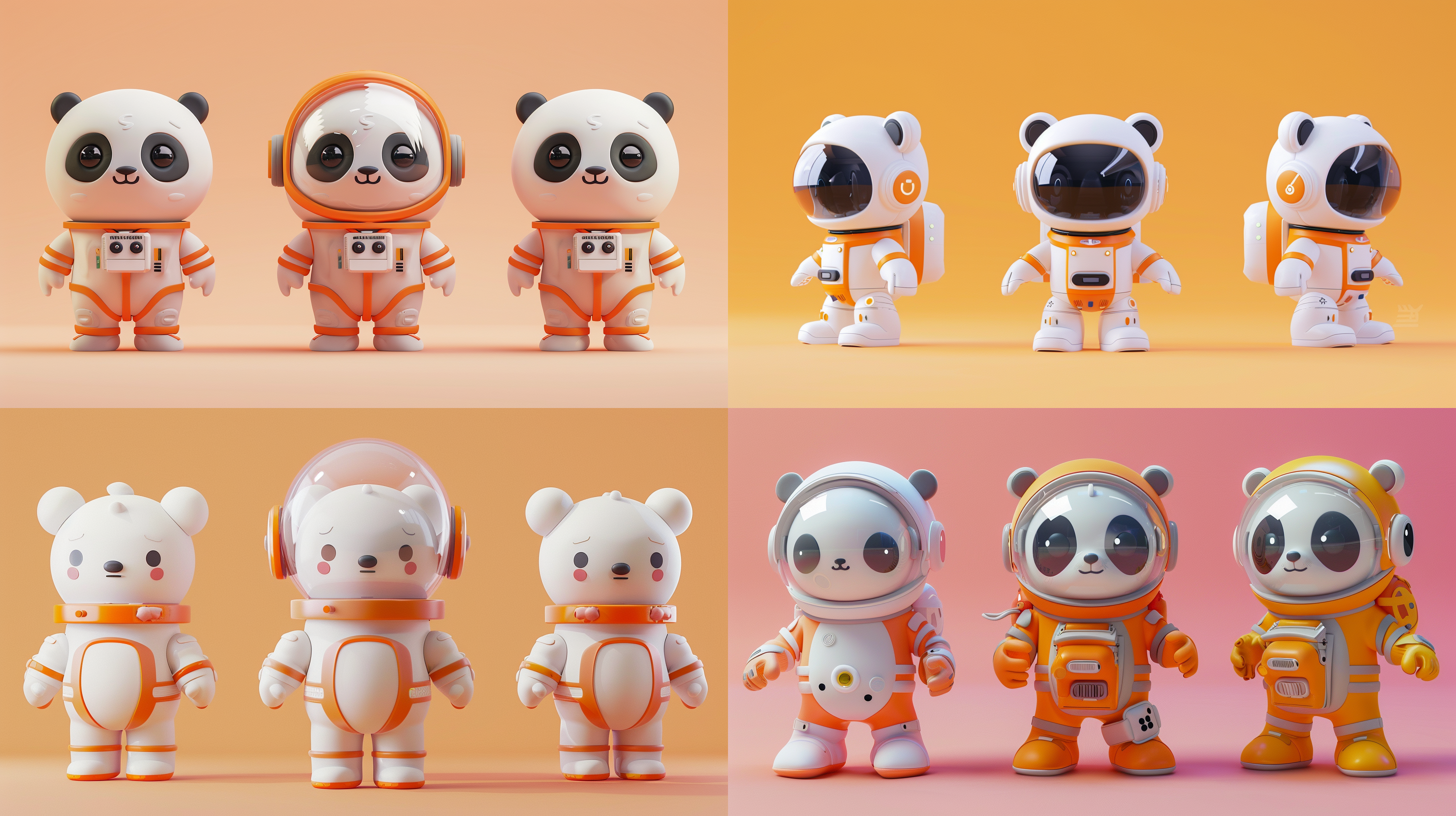 三视图，全身，正面，侧面，背面，卡通ip，白色熊猫，橙色宇航员玻璃帽子，科技感，萌萌哒，蹲下，干净背景，pop mart，pixar，ip盲盒，粘土材料，柔和颜色，工作室灯光，octane render，3d，c4d，超高清8k，16:9纵横比。