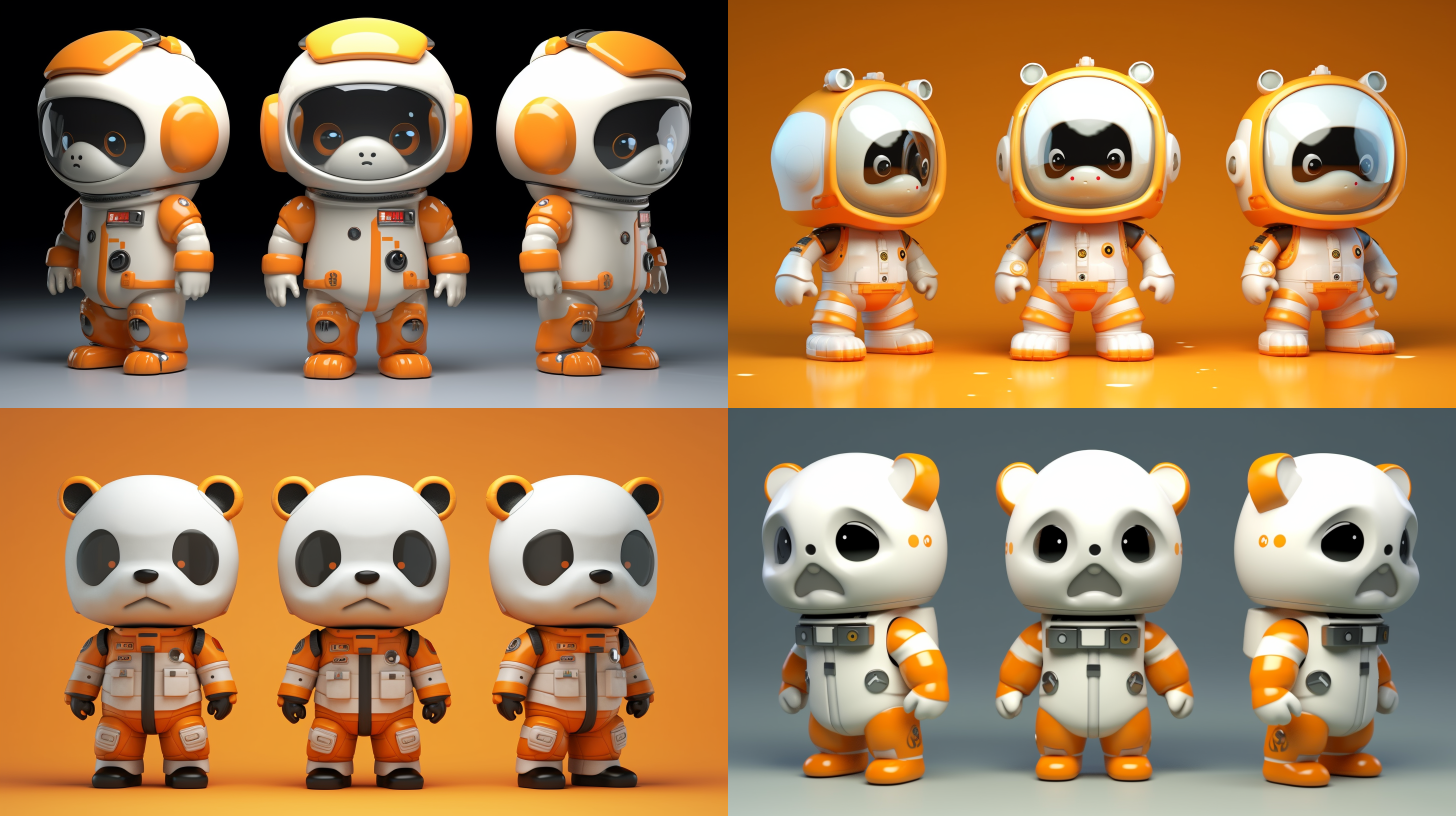 三视图，全身，正面，侧面，背面，卡通ip，白色熊猫，橙色宇航员玻璃帽子，科技感，萌萌哒，蹲下，干净背景，pop mart，pixar，ip盲盒，粘土材料，柔和颜色，工作室灯光，octane render，3d，c4d，超高清8k，16:9纵横比。