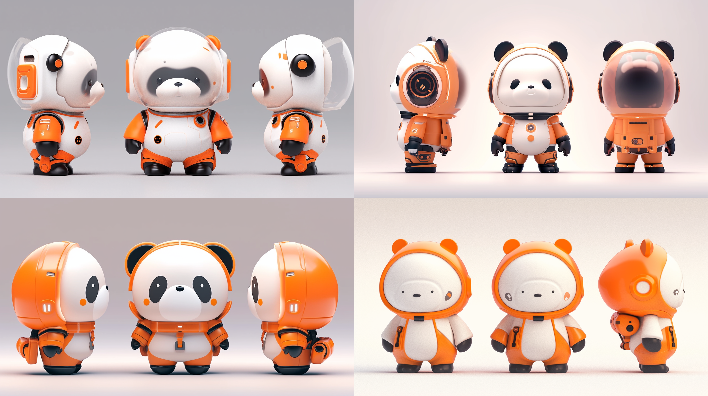 三视图，全身，正面，侧面，背面，卡通ip，白色熊猫，橙色宇航员玻璃帽子，科技感，萌萌哒，蹲下，干净背景，pop mart，pixar，ip盲盒，粘土材料，柔和颜色，工作室灯光，octane render，3d，c4d，超高清8k，16:9纵横比。