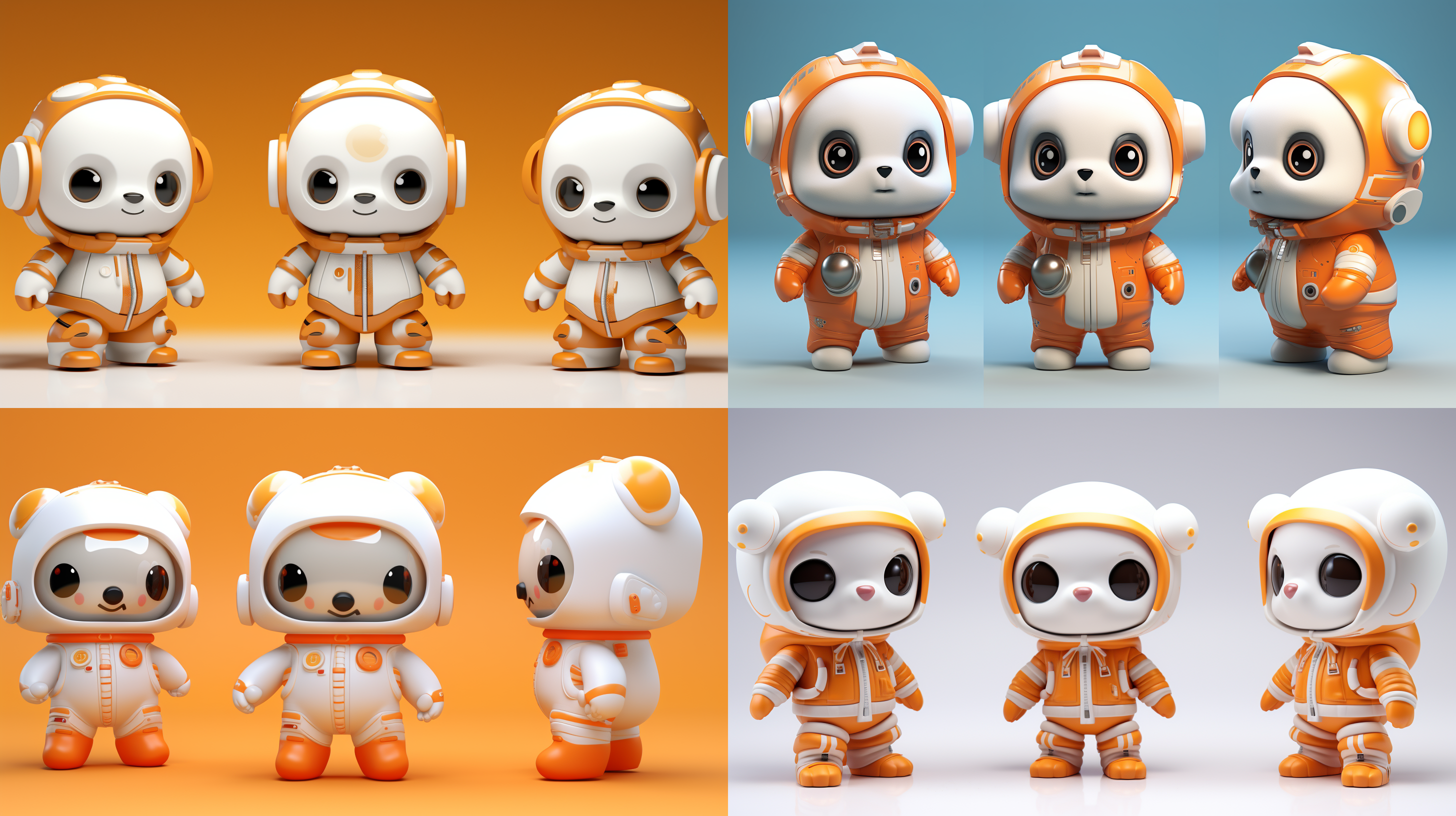 三视图，全身，正面，侧面，背面，卡通ip，白色熊猫，橙色宇航员玻璃帽子，科技感，萌萌哒，蹲下，干净背景，pop mart，pixar，ip盲盒，粘土材料，柔和颜色，工作室灯光，octane render，3d，c4d，超高清8k，16:9纵横比。