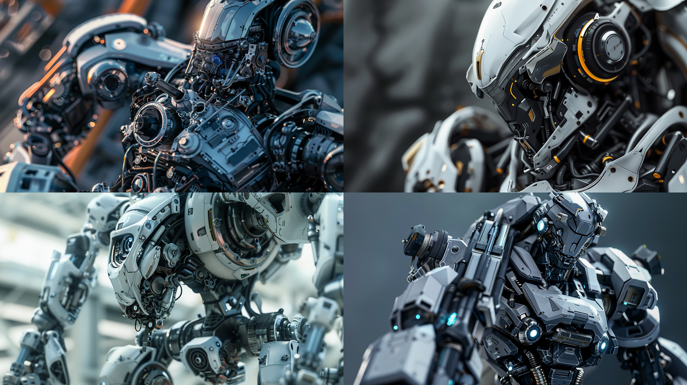 帅哥未来巨型机甲，零件整齐排列，解构布局，细节丰富，层次感强，众多部件，极其精细，逼真风格，16:9比例，风格化750，版本6.0，金属质感，冷色调，精密机械，科技感，动态静止，光影分明，未来主义。