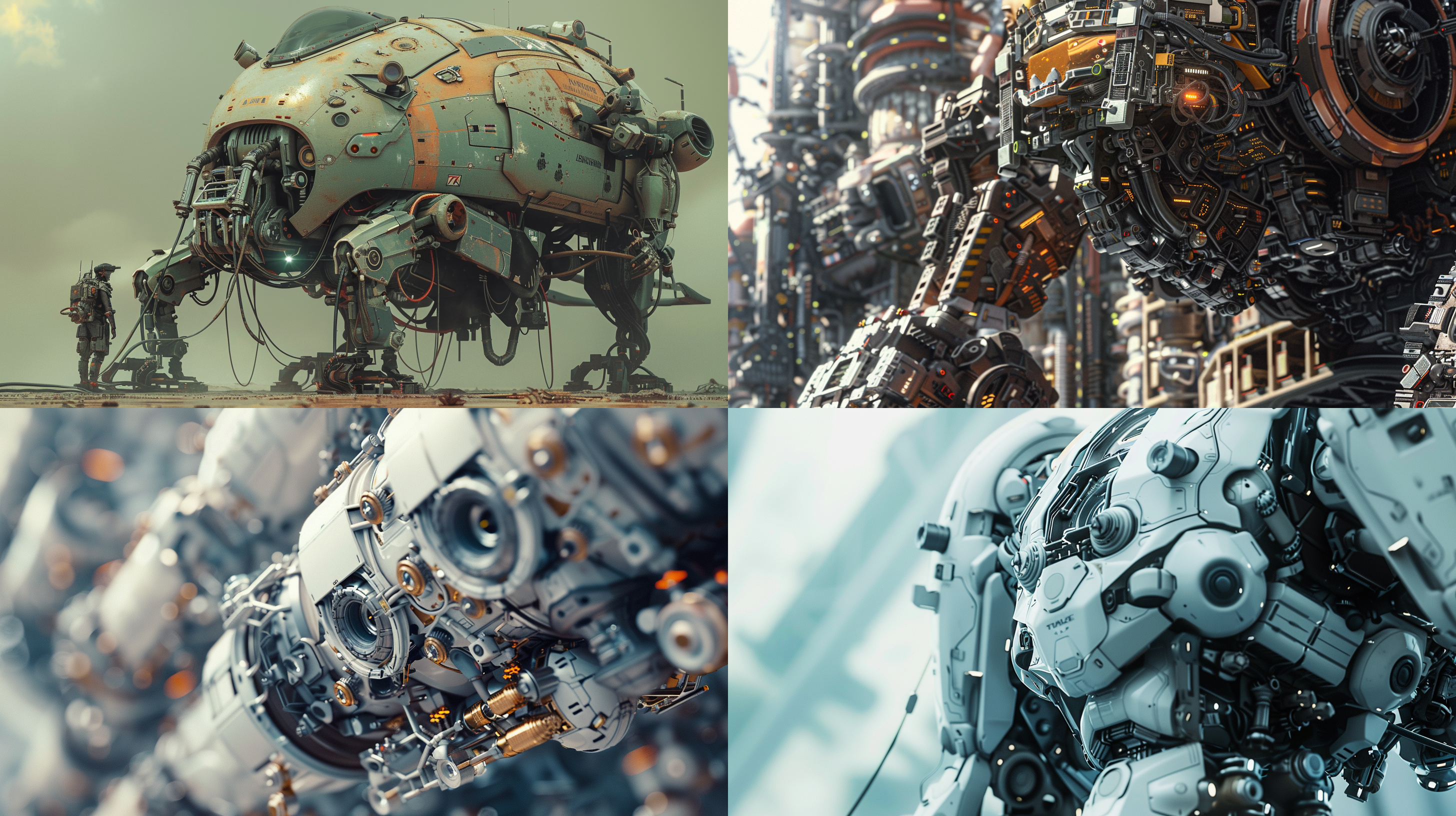 男人未来巨型机甲，零件整齐排列，解构布局，细节丰富，层次感强，众多部件，极其精细，逼真风格，16:9比例，风格化750，版本6.0，金属质感，冷色调，精密机械，科技感，动态静止，光影分明，未来主义。