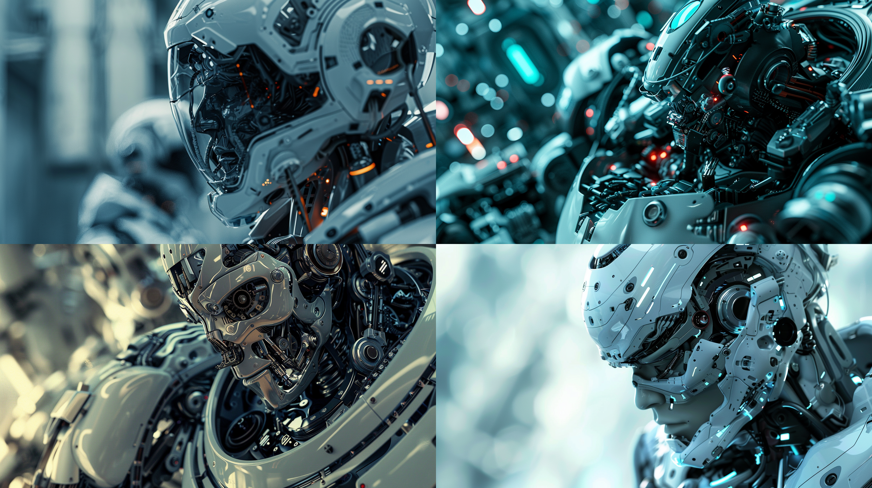 男人未来机甲战士，零件整齐排列，解构布局，细节丰富，层次感强，众多部件，极其精细，逼真风格，16:9比例，风格化750，版本6.0，金属质感，冷色调，精密机械，科技感，动态静止，光影分明，未来主义。