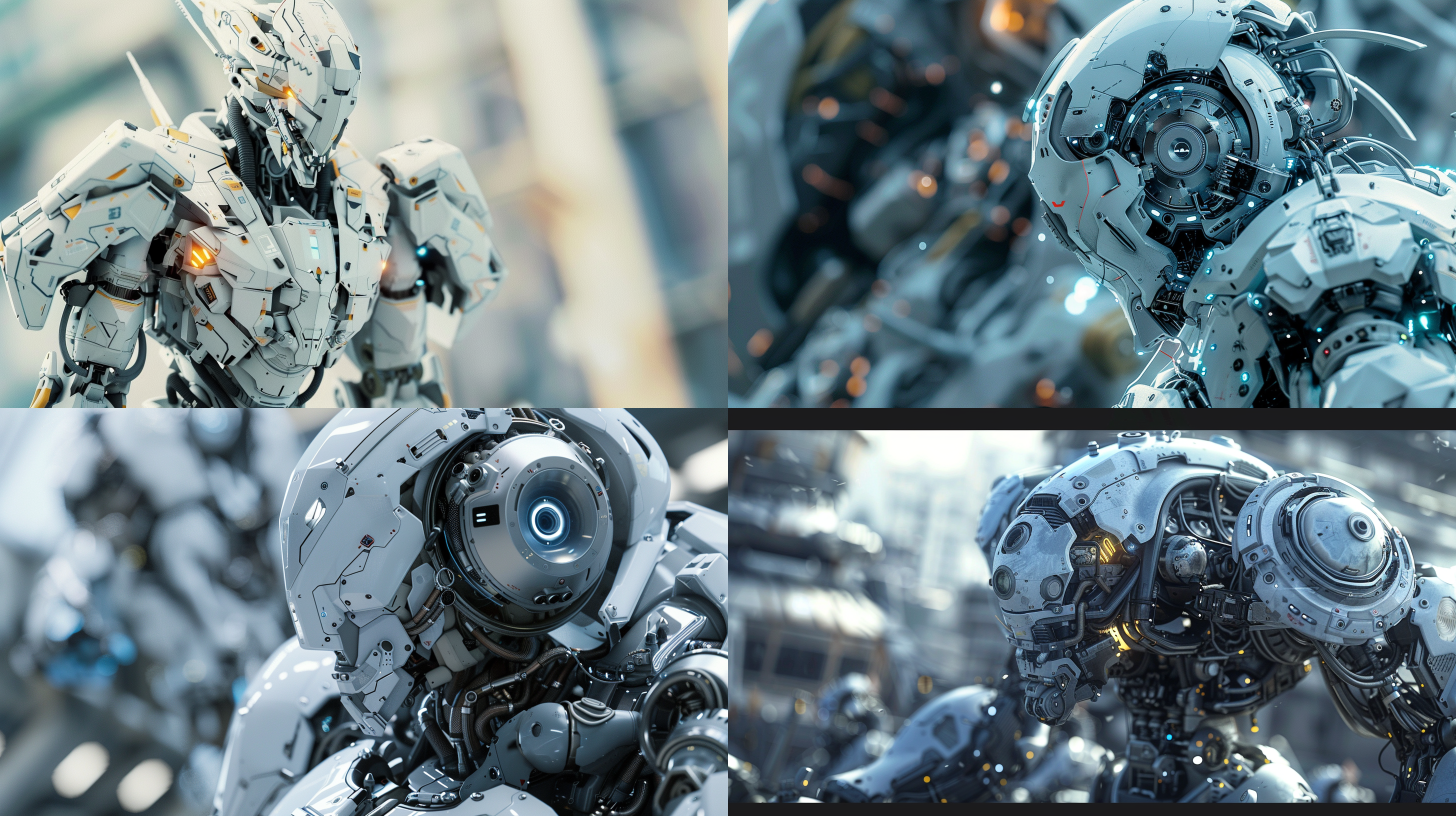 帅哥未来机甲战士，零件整齐排列，解构布局，细节丰富，层次感强，众多部件，极其精细，逼真风格，16:9比例，风格化750，版本6.0，金属质感，冷色调，精密机械，科技感，动态静止，光影分明，未来主义。