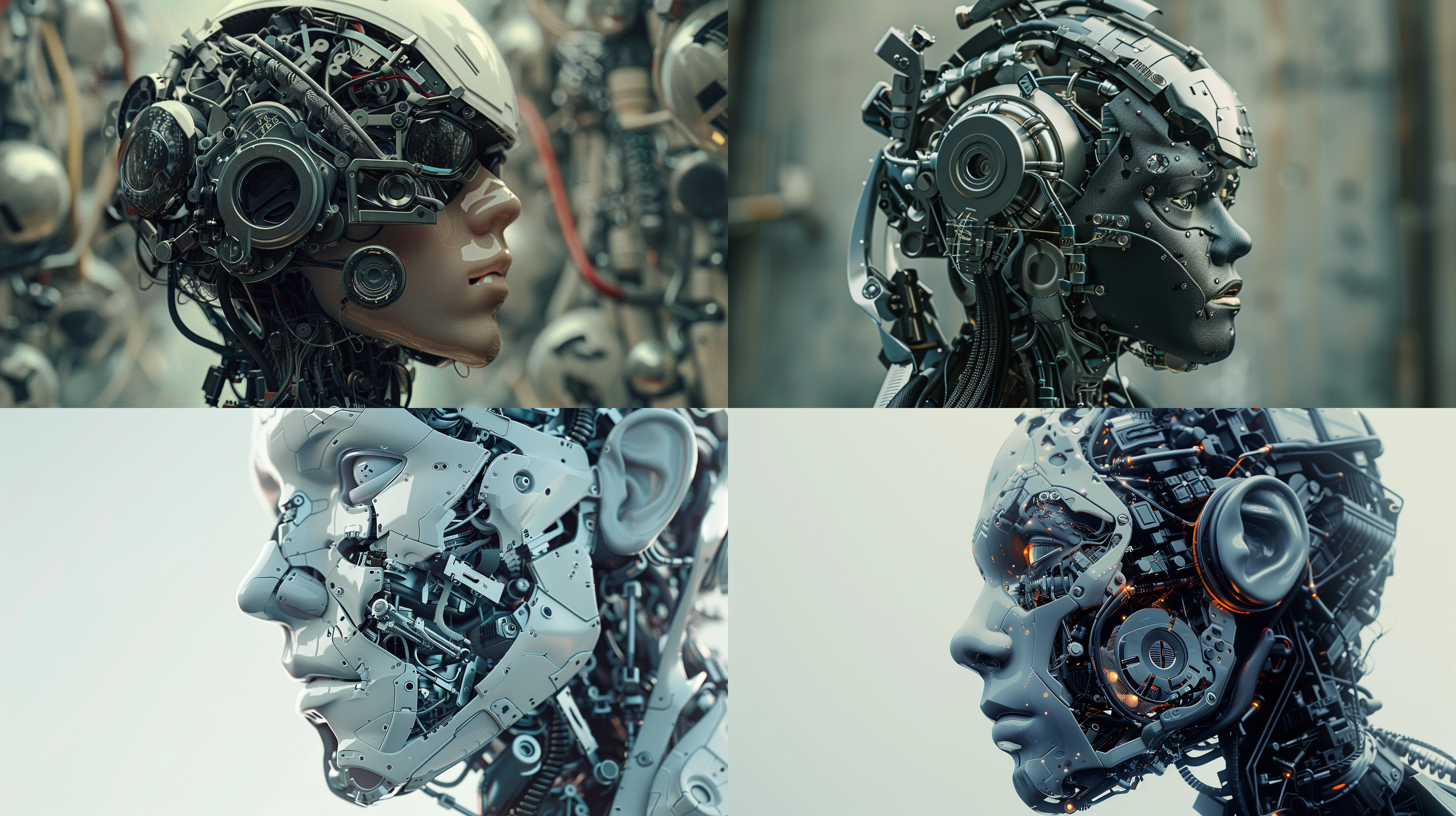 男人头部，身穿未来机甲，零件整齐排列，解构布局，细节丰富，层次感强，众多部件，极其精细，逼真风格，16:9比例，风格化750，版本6.0，金属质感，冷色调，精密机械，科技感，动态静止，光影分明，未来主义。