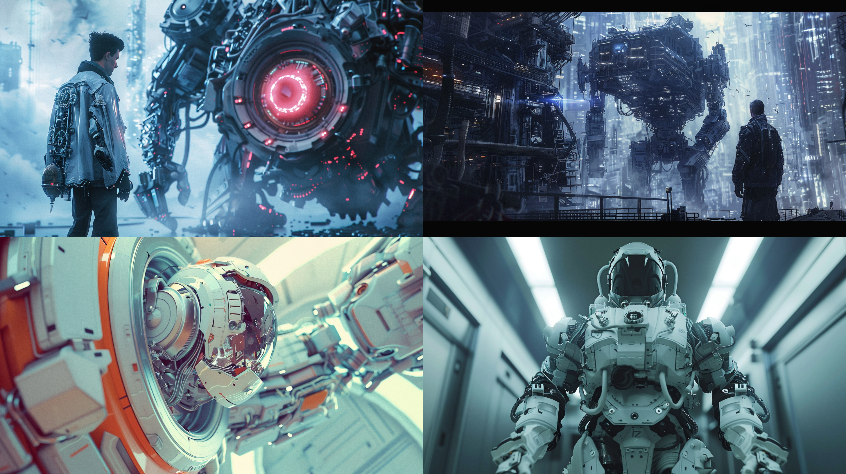 男人身穿未来机甲，零件整齐排列，广角镜头大场景，解构布局，细节丰富，层次感强，众多部件，极其精细，逼真风格，16:9比例，风格化750，版本6.0，金属质感，冷色调，精密机械，科技感，动态静止，光影分明，未来主义。