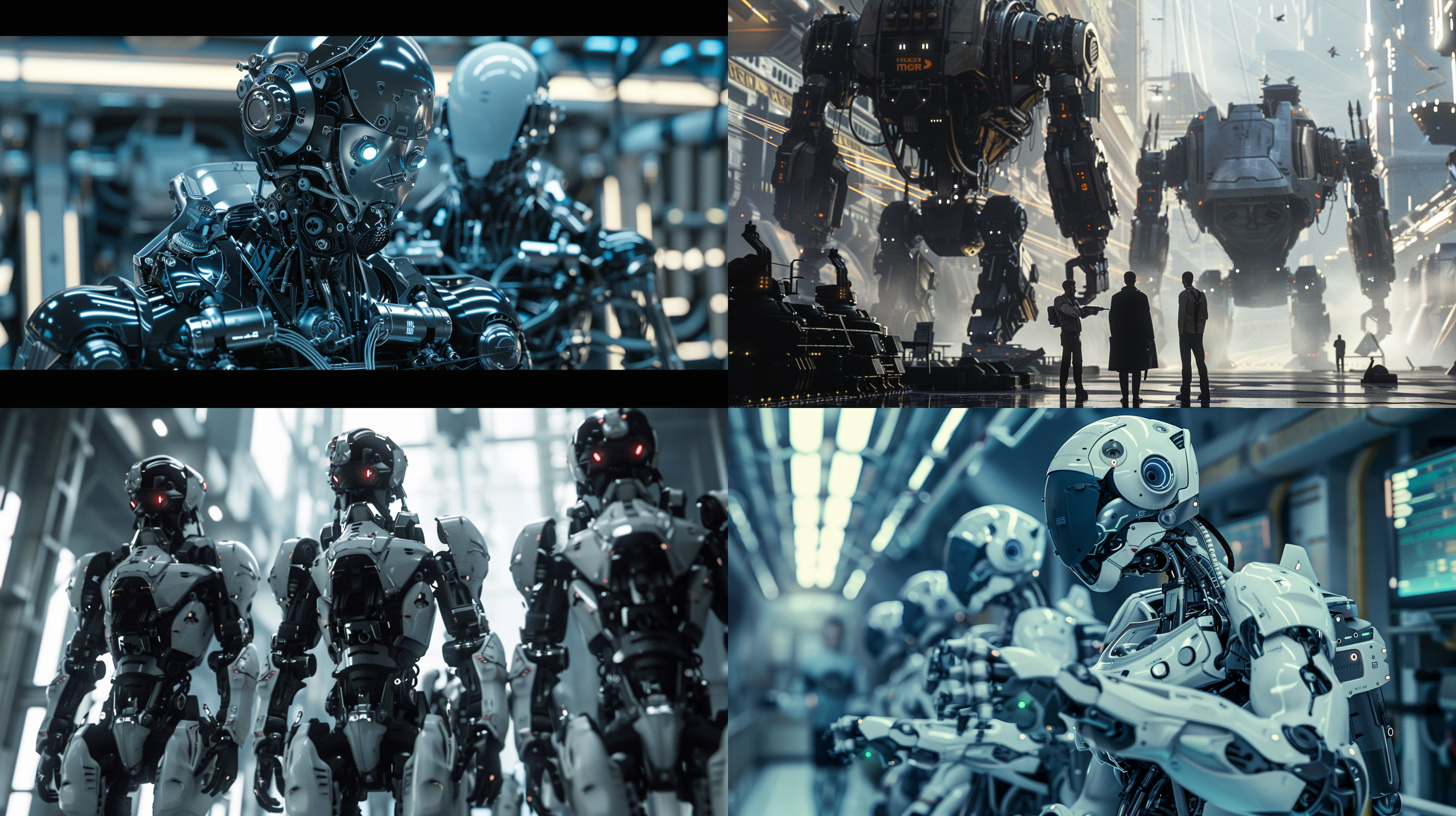 男人类身穿未来机甲，零件整齐排列，广角镜头大场景，解构布局，细节丰富，层次感强，众多部件，极其精细，逼真风格，16:9比例，风格化750，版本6.0，金属质感，冷色调，精密机械，科技感，动态静止，光影分明，未来主义。