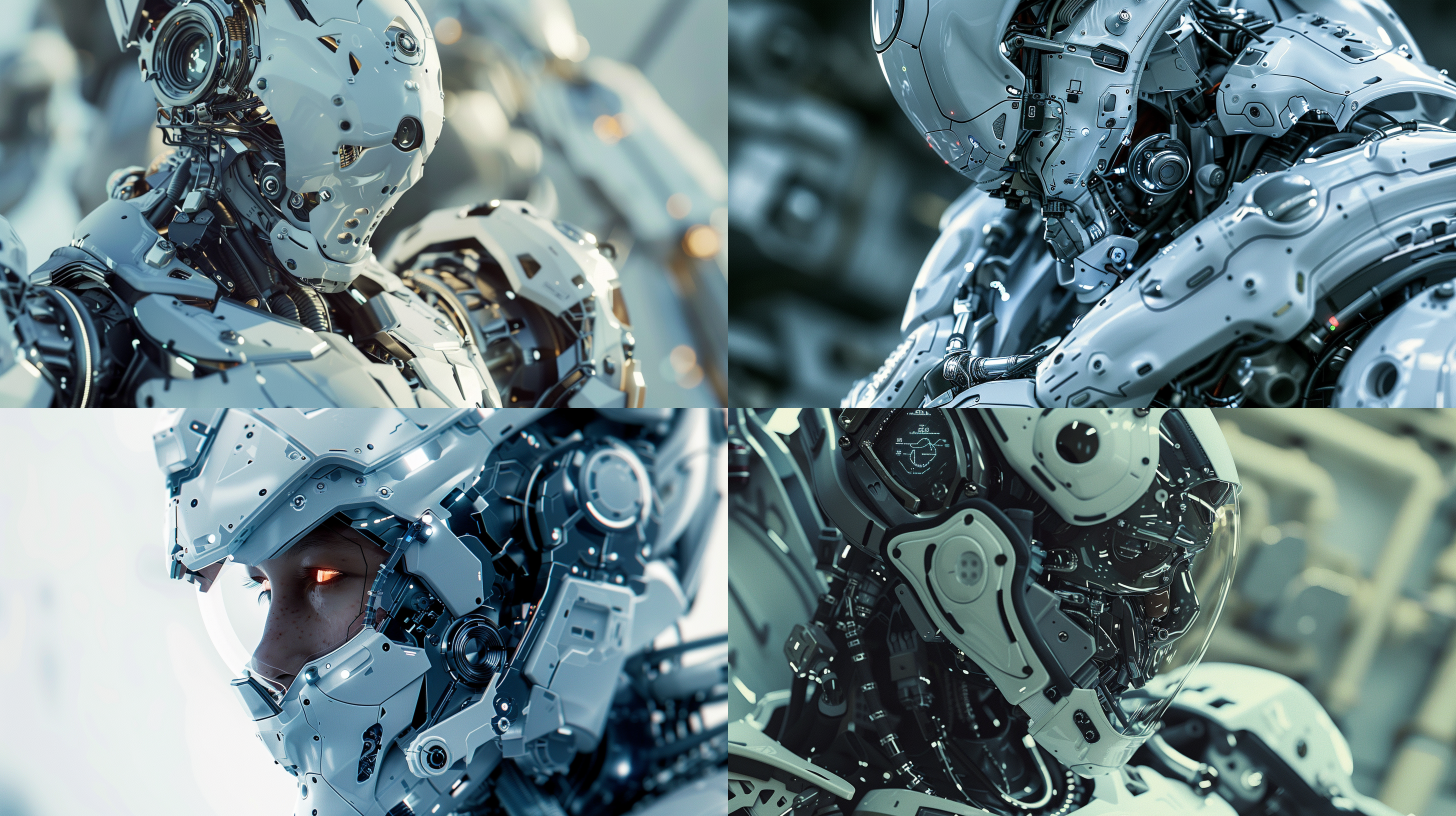 人类身穿未来机甲，零件整齐排列，广角镜头大场景，解构布局，细节丰富，层次感强，众多部件，极其精细，逼真风格，16:9比例，风格化750，版本6.0，金属质感，冷色调，精密机械，科技感，动态静止，光影分明，未来主义。