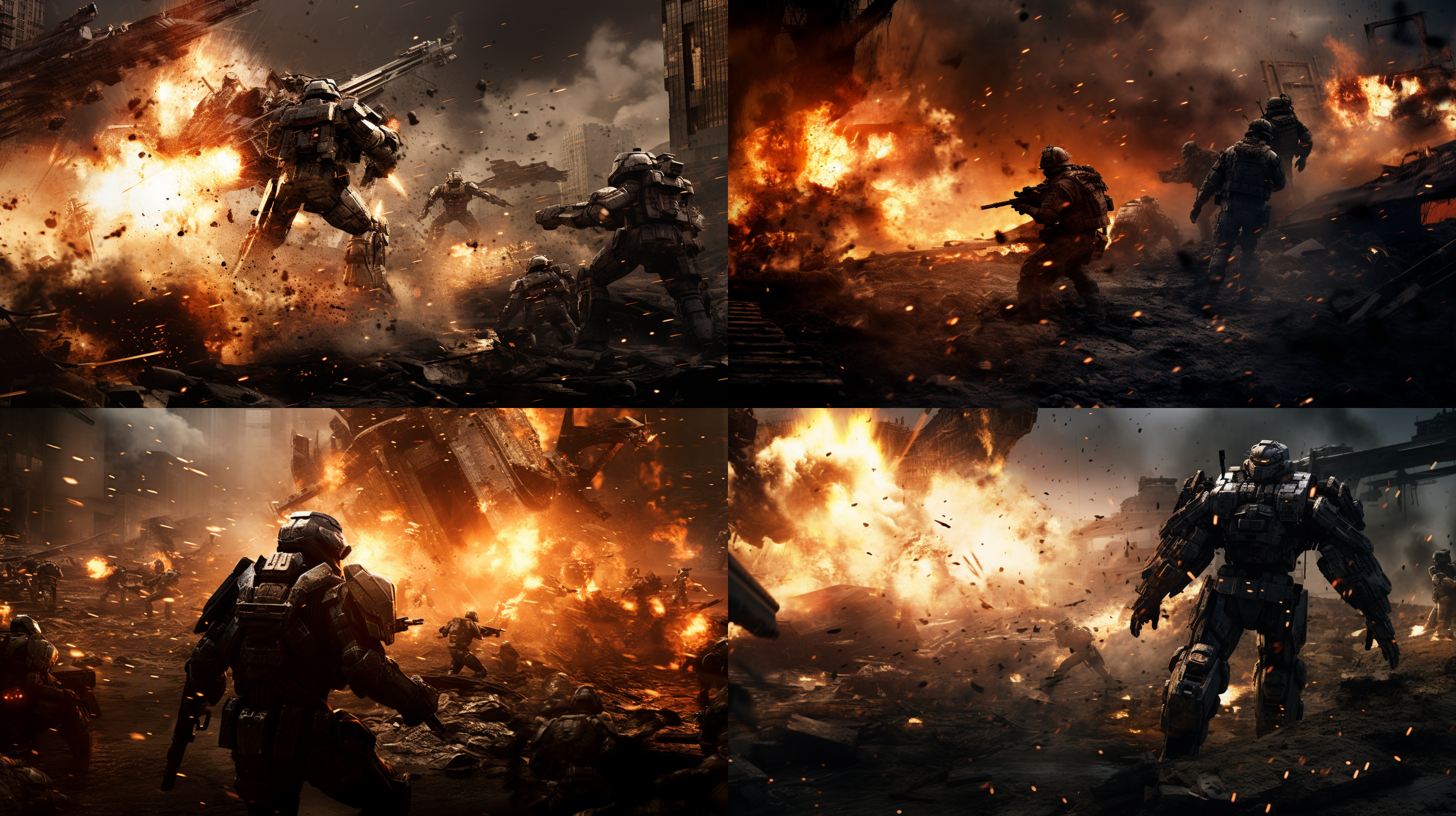 战争场面，军人身穿未来机甲，零件整齐排列，残垣断壁，硝烟弥漫，动态对焦，高速快门，高清摄影，激烈战斗，爆炸场面，广角镜头，侧光，暗色调，紧张，痛苦。解构布局，细节丰富，层次感强，众多部件，极其精细，逼真风格，16:9比例，风格化750，版本6.0，金属质感，冷色调，精密机械，科技感，动态静止，光影分明，未来主义。