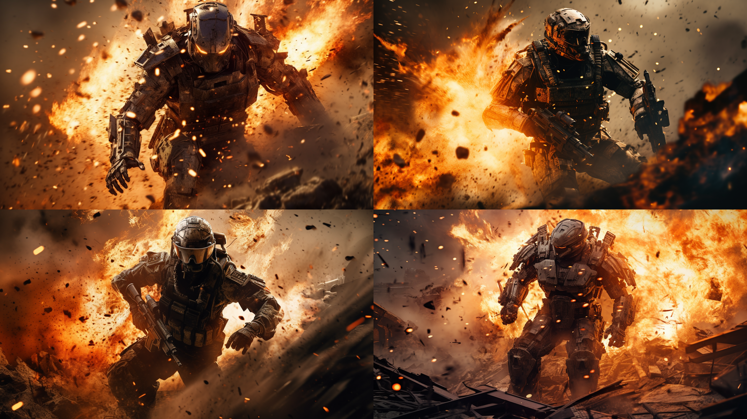 战争场面，男军人身穿未来机甲，零件整齐排列，残垣断壁，硝烟弥漫，动态对焦，高速快门，高清摄影，激烈战斗，爆炸场面，广角镜头，侧光，暗色调，紧张，痛苦。解构布局，细节丰富，层次感强，众多部件，极其精细，逼真风格，16:9比例，风格化750，版本6.0，金属质感，冷色调，精密机械，科技感，动态静止，光影分明，未来主义。