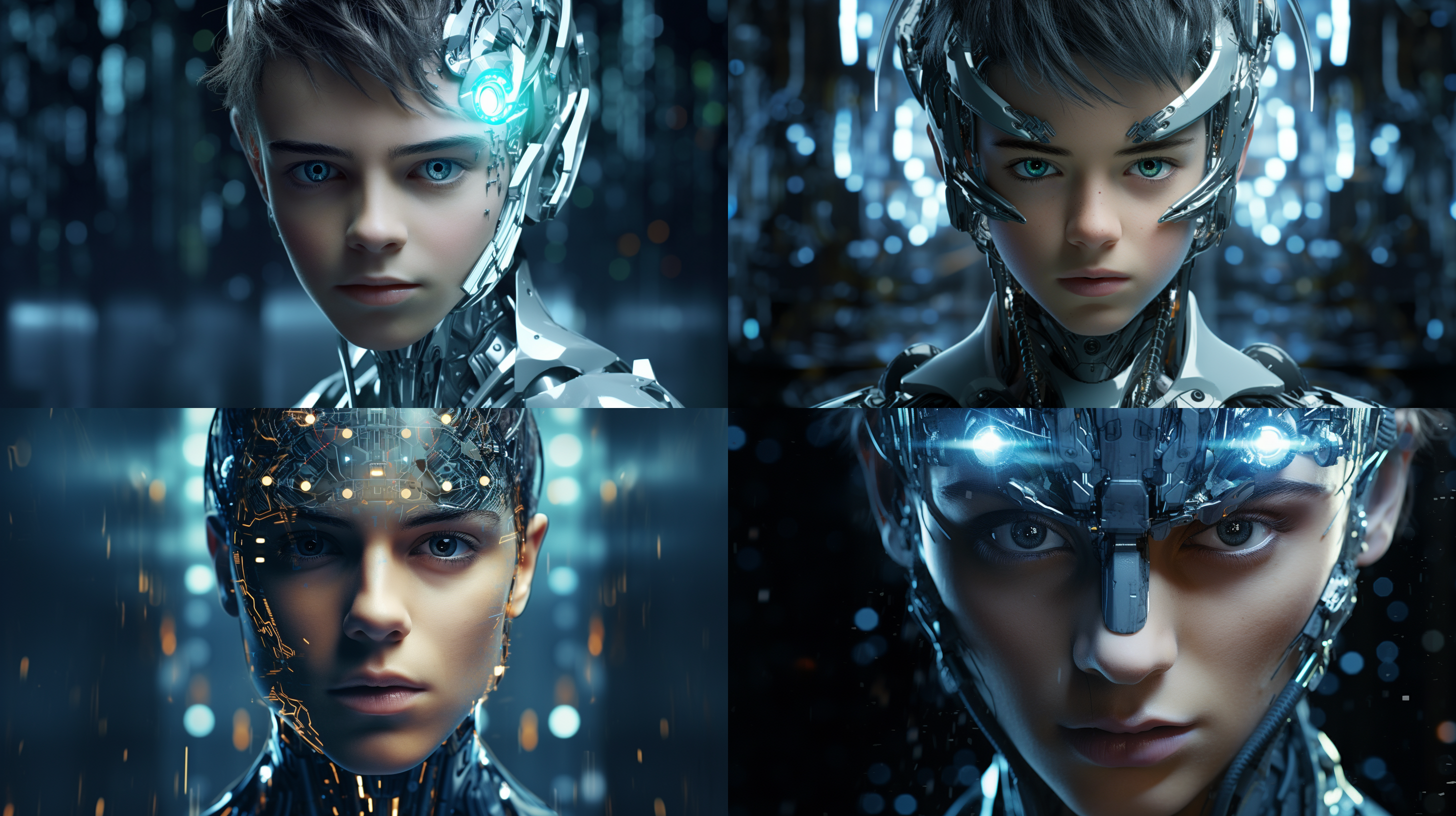 赛博男孩面部头像，未来科技感，金属质感皮肤，冷色调，特写镜头，锐利焦点，背光，电子眼，机械元素，神秘表情。解构布局，细节丰富，层次感强，众多部件，极其精细，逼真风格，16:9比例，风格化750，版本6.0，金属质感，冷色调，精密机械，科技感，动态静止，光影分明，未来主义。