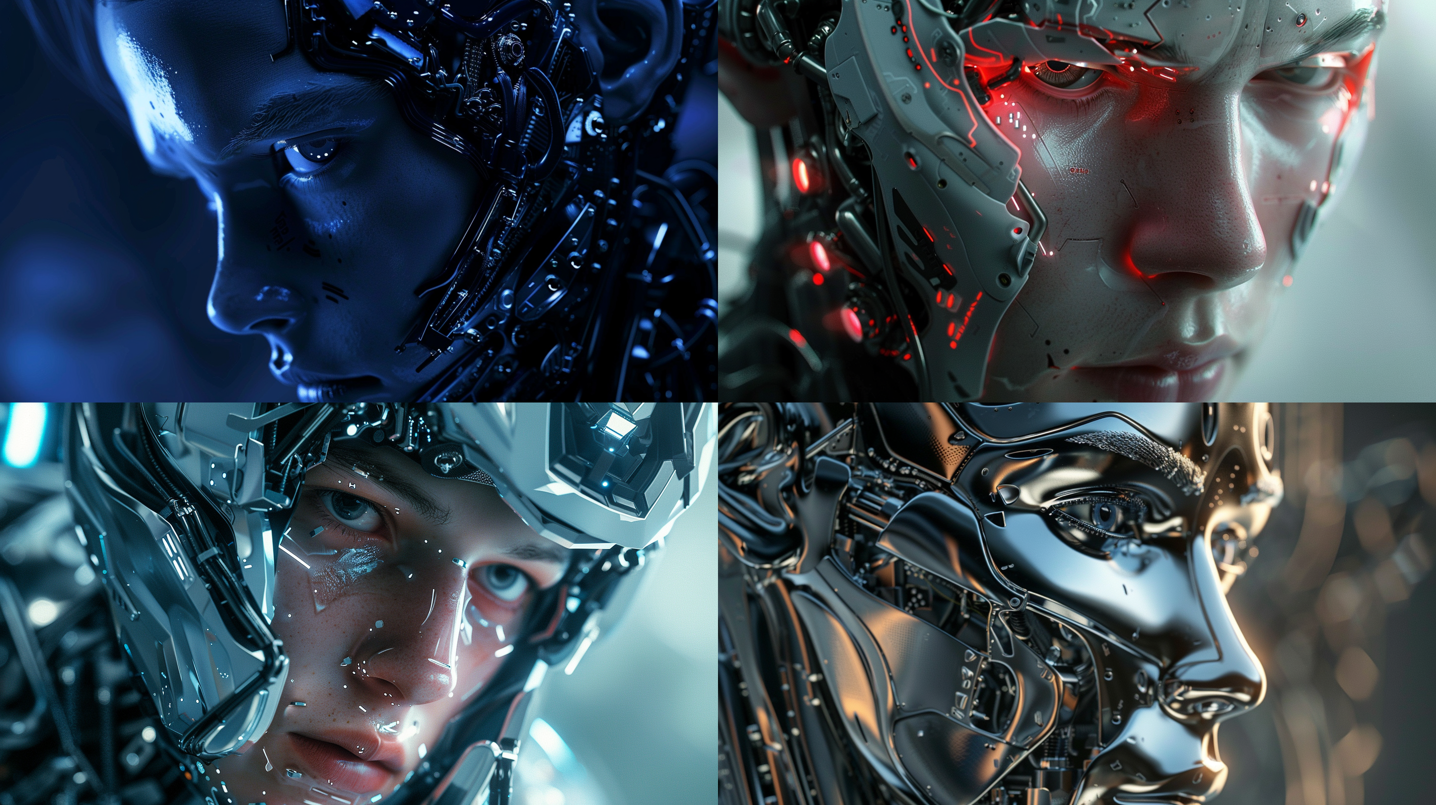 赛博男孩面部头像，未来科技感，金属质感皮肤，冷色调，特写镜头，锐利焦点，背光，电子眼，机械元素，神秘表情。解构布局，细节丰富，层次感强，众多部件，极其精细，逼真风格，16:9比例，风格化750，版本6.0，金属质感，冷色调，精密机械，科技感，动态静止，光影分明，未来主义。