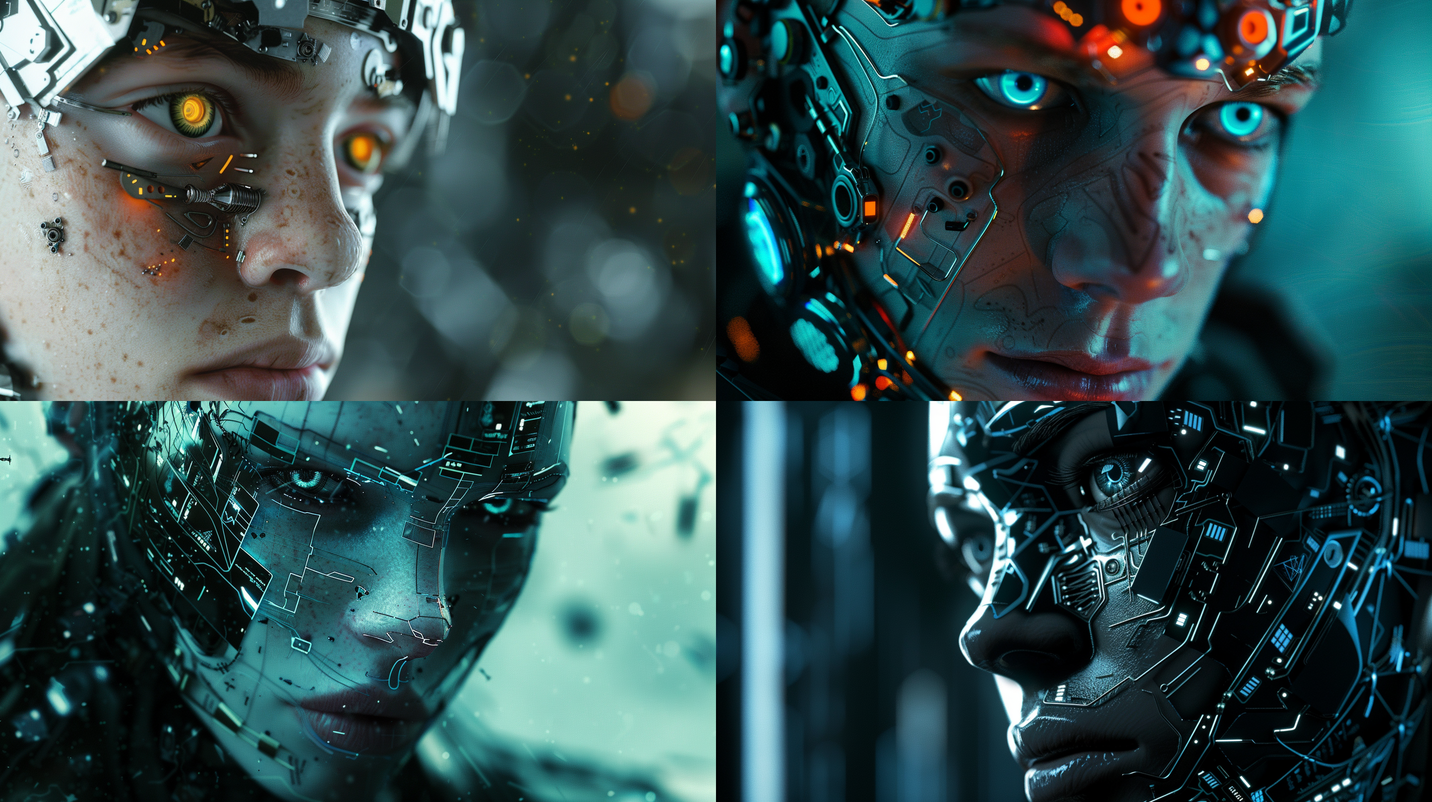 赛博男孩面部头像，未来科技感，金属质感皮肤，冷色调，特写镜头，锐利焦点，背光，电子眼，机械元素，神秘表情。解构布局，细节丰富，层次感强，众多部件，极其精细，逼真风格，16:9比例，风格化750，版本6.0，金属质感，冷色调，精密机械，科技感，动态静止，光影分明，未来主义。 男人正面角度，未来科技感，金属质感皮肤，冷色调，特写镜头，锐利焦点，背光，电子眼，机械元素，神秘表情。解构布局，细节丰富，层次感强，众多部件，极其精细，逼真风格，16:9比例，风格化750，版本6.0，金属质感，冷色调，精密机械，科技感，动态静止，光影分明，未来主义。